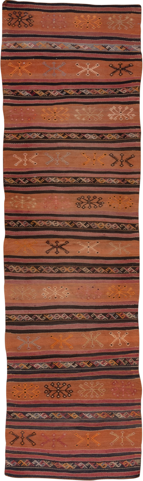2' x 8' one-of-a-kind handmade vintage Kilim runner rug. Color palette: black, brown, gray, pink