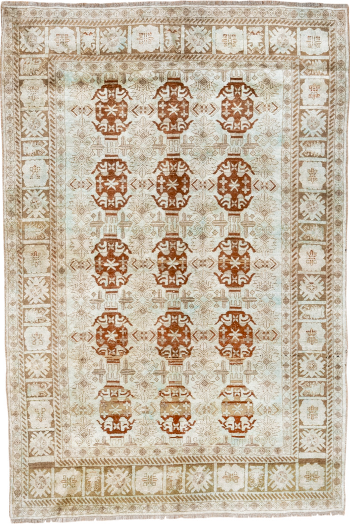 3' x 5' one-of-a-kind handmade vintage Kaisary small size rug. Color palette: brown, gray, light gray, off-white