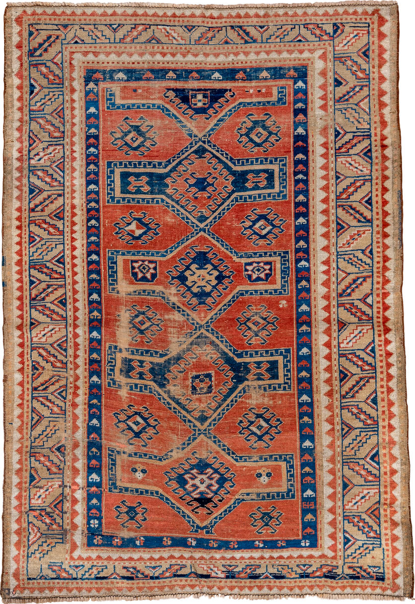 4' x 6' one-of-a-kind handmade vintage Shirvan small size rug. Color palette: brown, pink, red, gray, orange, off-white