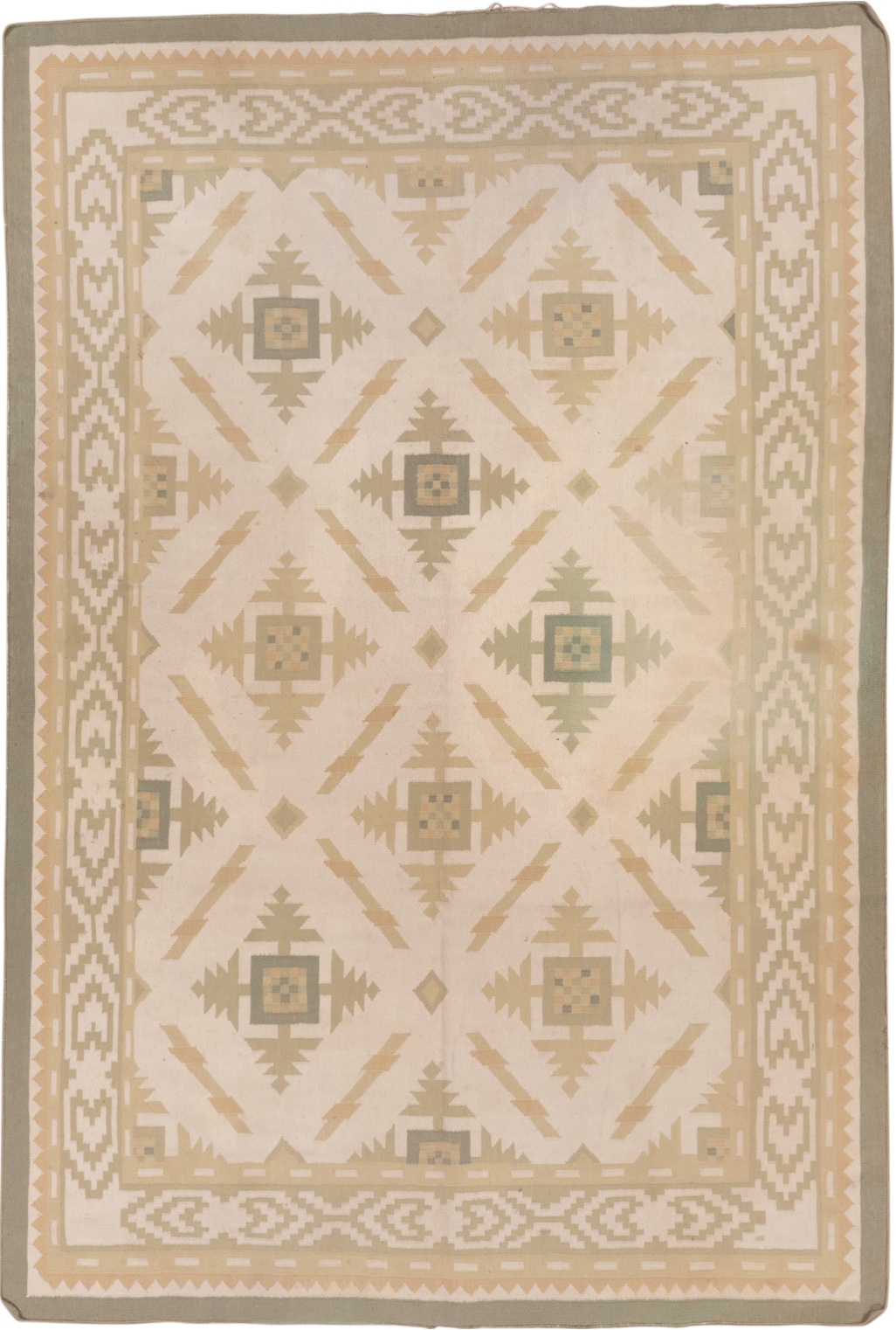 6' x 9' one-of-a-kind handmade vintage Dhurrie medium size rug. Color palette: brown, gray, light gray, off-white, orange