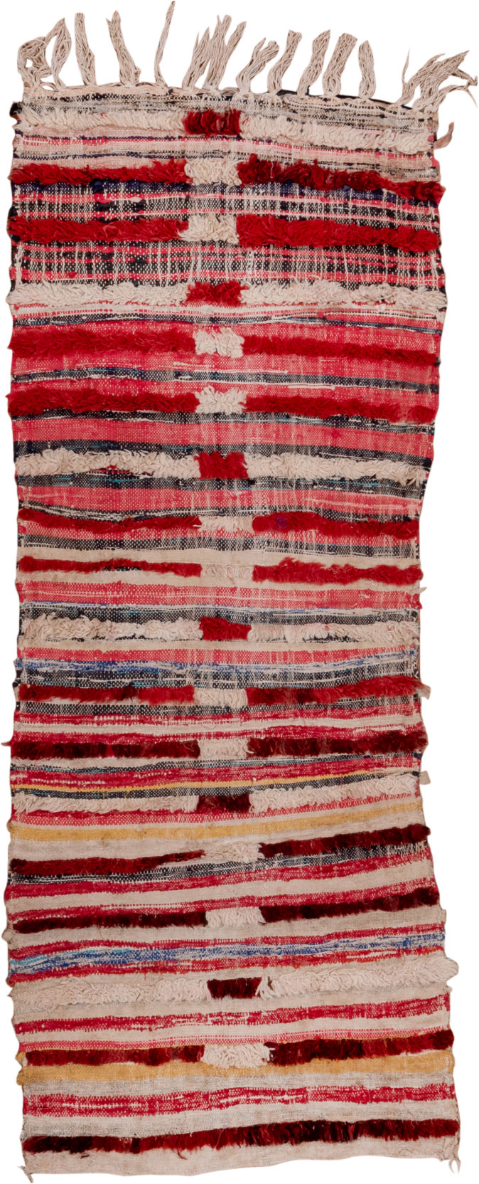 2' x 6' one-of-a-kind handmade vintage Rag Rug runner rug. Color palette: black, blue, brown, gray, light gray, off-white