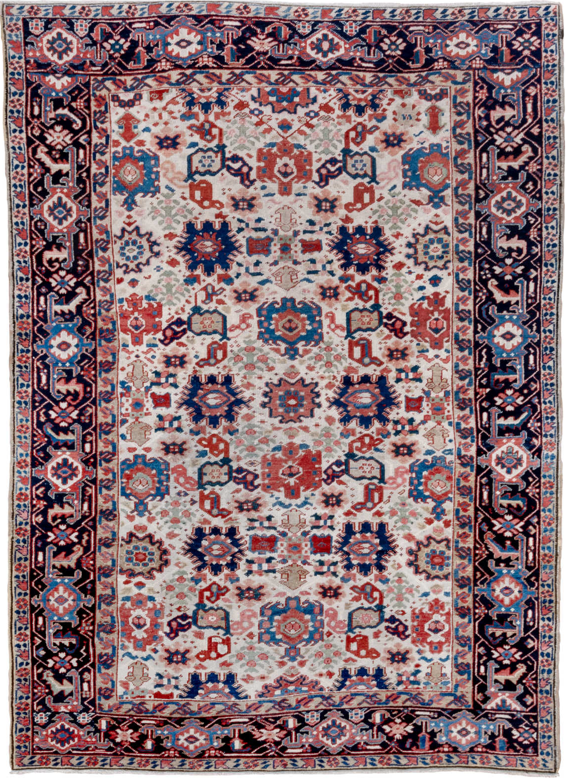 7' x 10' one-of-a-kind handmade vintage Heriz large size rug. Color palette: blue, brown, dark gray, fiord, gainsboro, gray