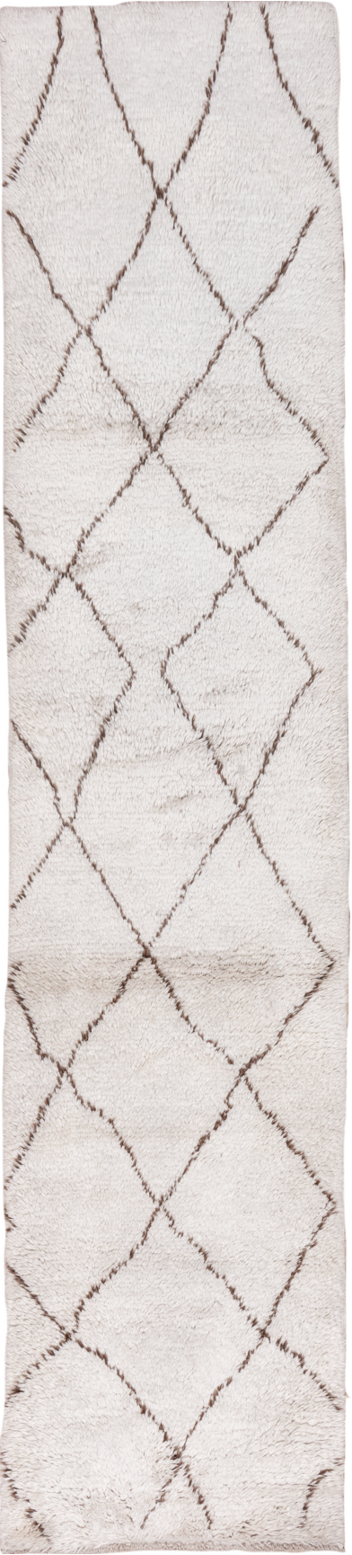 2' x 13' one-of-a-kind handmade vintage Moroccan runner rug. Color palette: dark gray, gainsboro, gray, light gray, linen