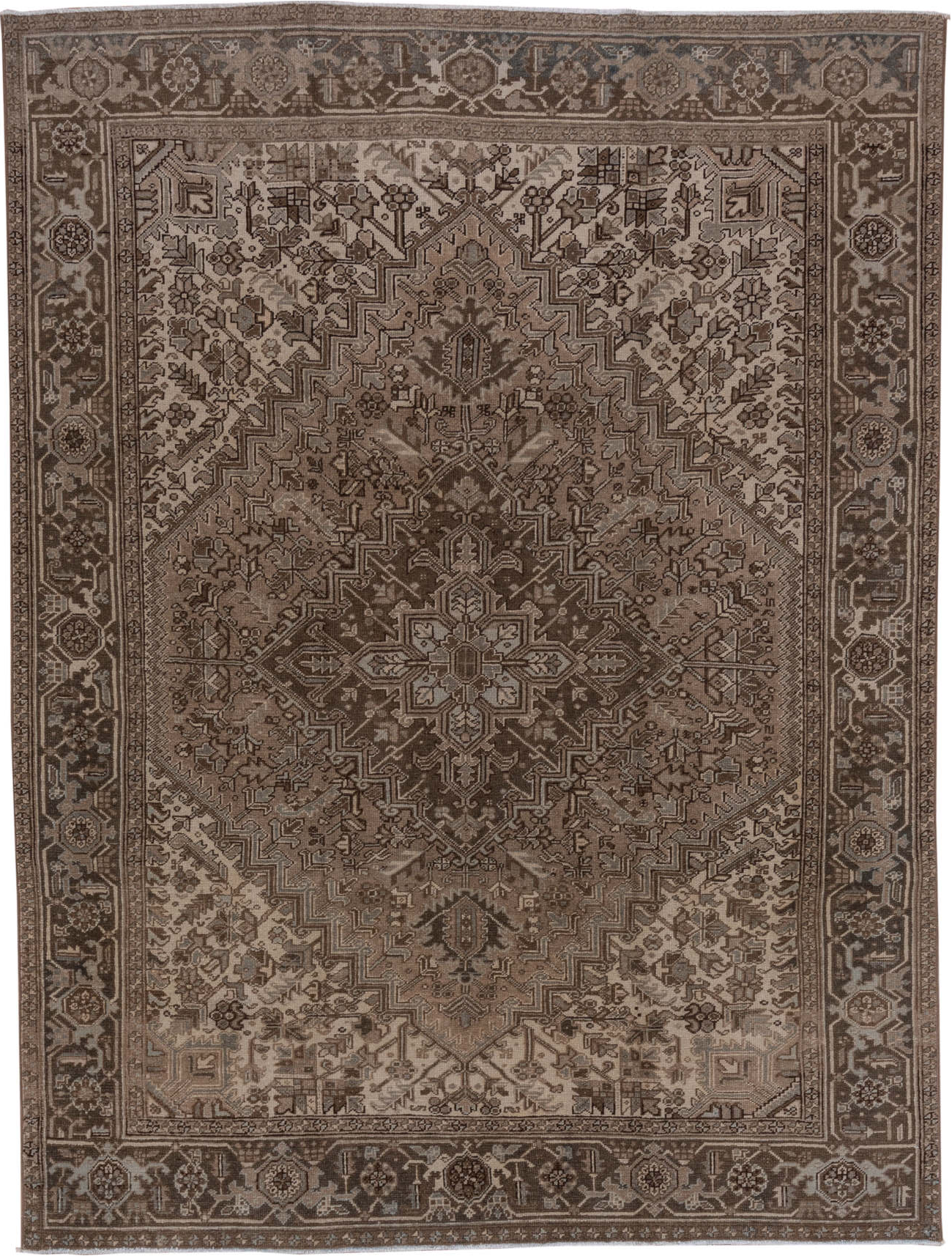 7' x 9' one-of-a-kind handmade vintage Heriz rug. Color palette: brown, gray, off-white, pink, snow, white, whitesmoke