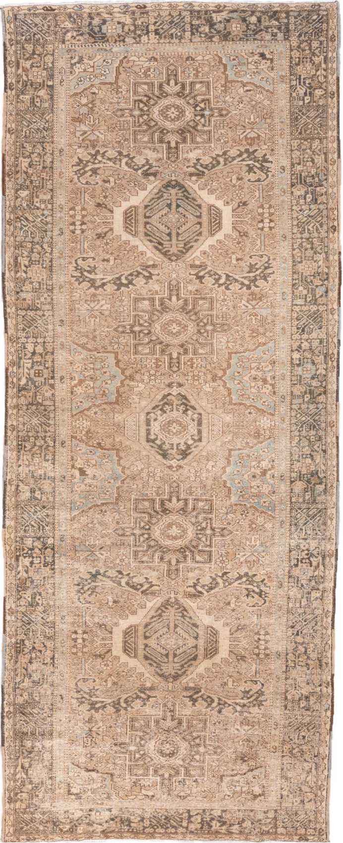5' x 12' one-of-a-kind handmade vintage Karaje runner rug. Color palette: bisque, brown, gray, off-white, orange, pink
