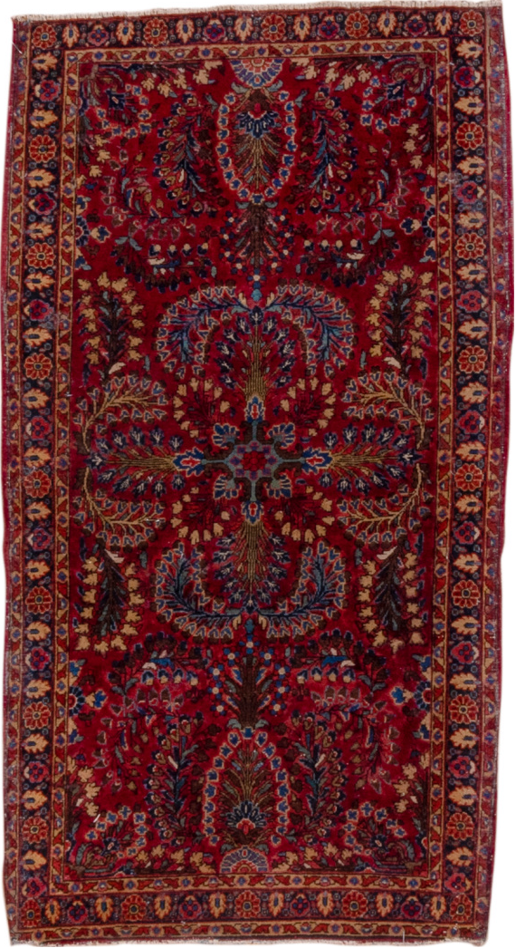 2' x 5' one-of-a-kind handmade vintage Sarouk small size rug. Color palette: brown, gray, pink, red