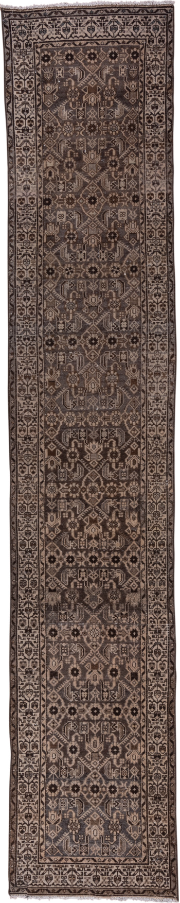 2' x 13' one-of-a-kind handmade vintage Malayer runner rug. Color palette: brown, gray, off-white, pink, snow, white