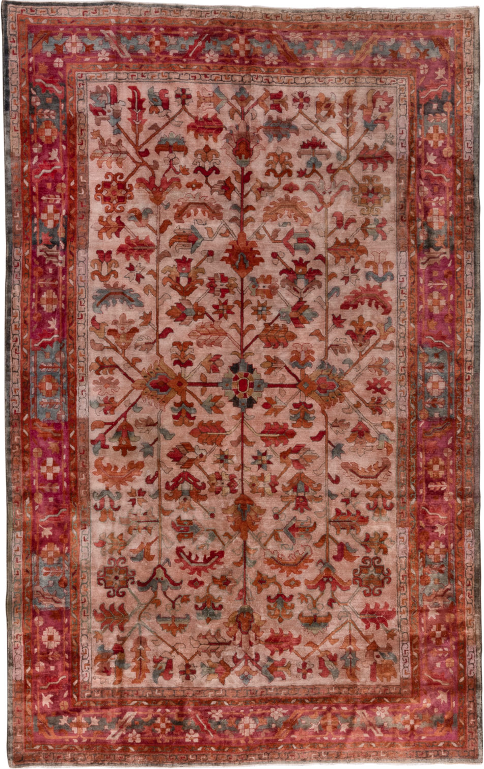 6' x 10' one-of-a-kind handmade vintage Hooked large size rug. Color palette: brown, dim gray, gray, pink, red, rosy brown
