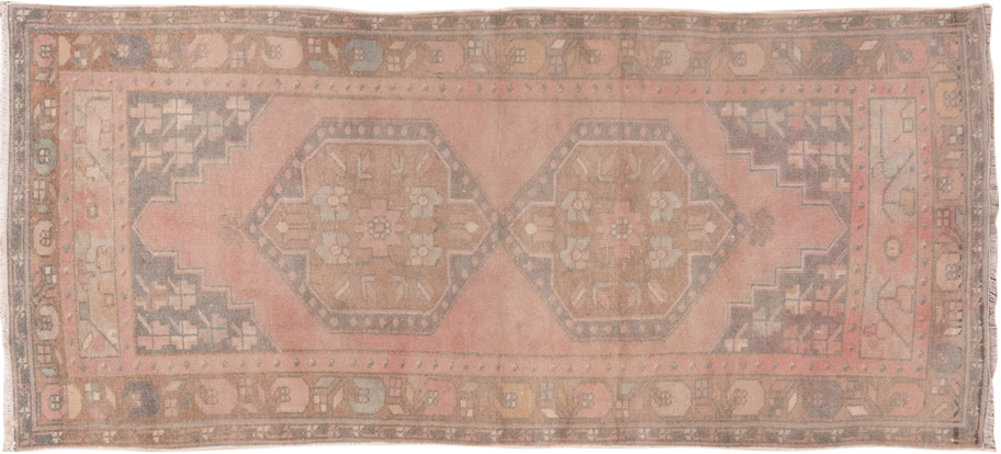 2' x 6' one-of-a-kind handmade vintage Oushak runner rug. Color palette: brown, gray, light gray, off-white, pink, snow