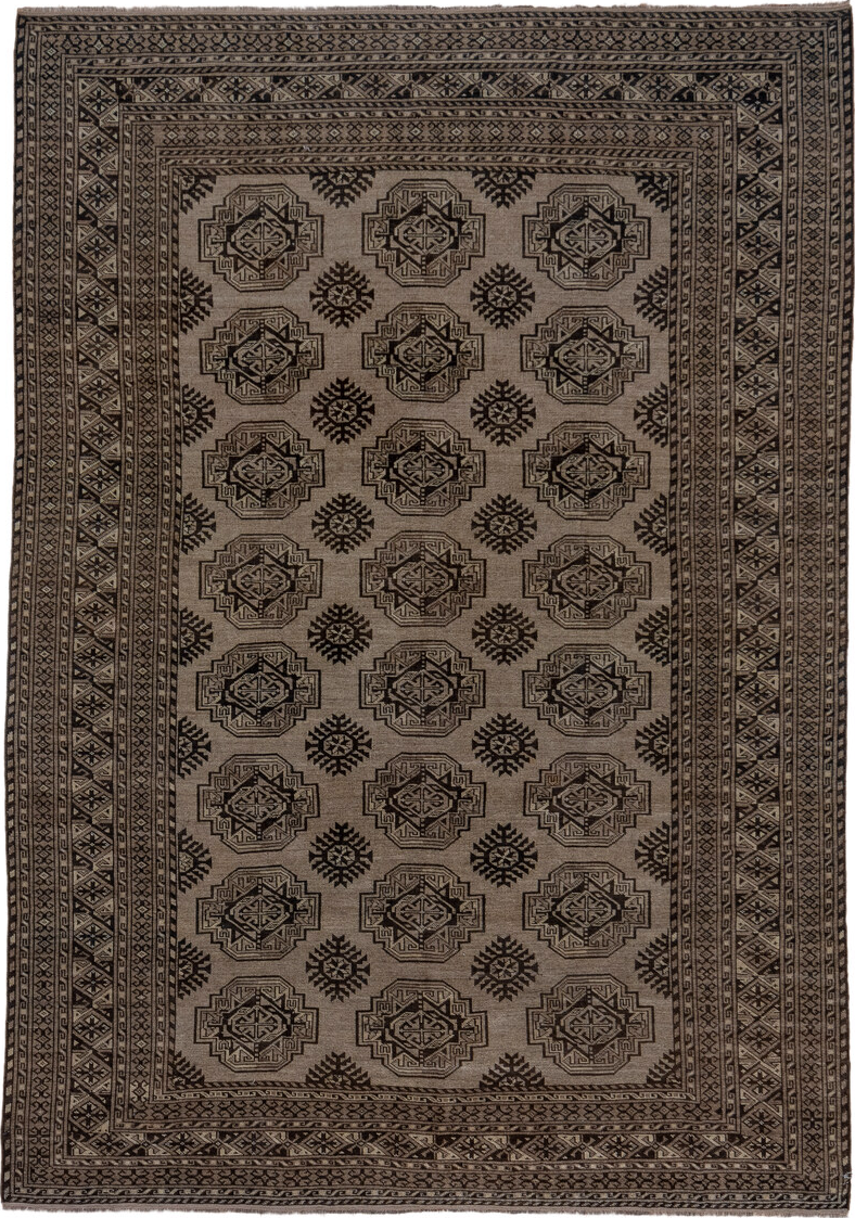 7' x 10' one-of-a-kind handmade vintage Afghan large size rug. Color palette: gray, brown, black, dark gray