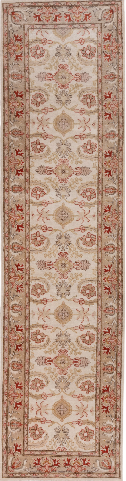 2' x 10' one-of-a-kind handmade vintage Tabriz runner rug. Color palette: brown, gray, light gray, off-white, pink, red