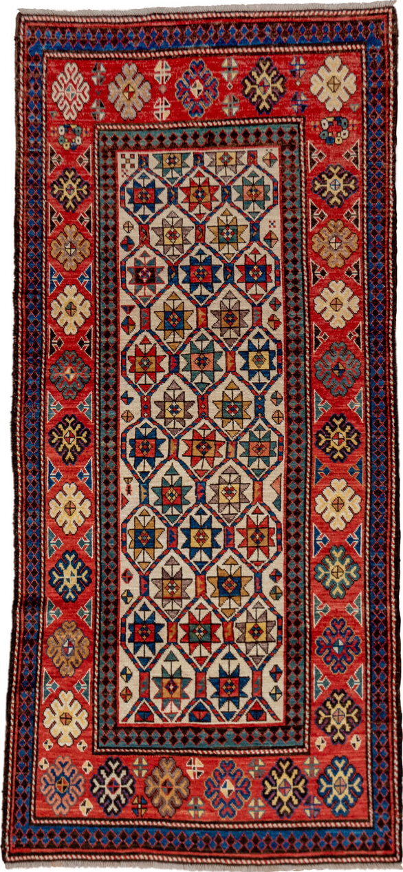3' x 8' one-of-a-kind handmade vintage Kazak runner rug. Color palette: brown, red, gray, orange, blue