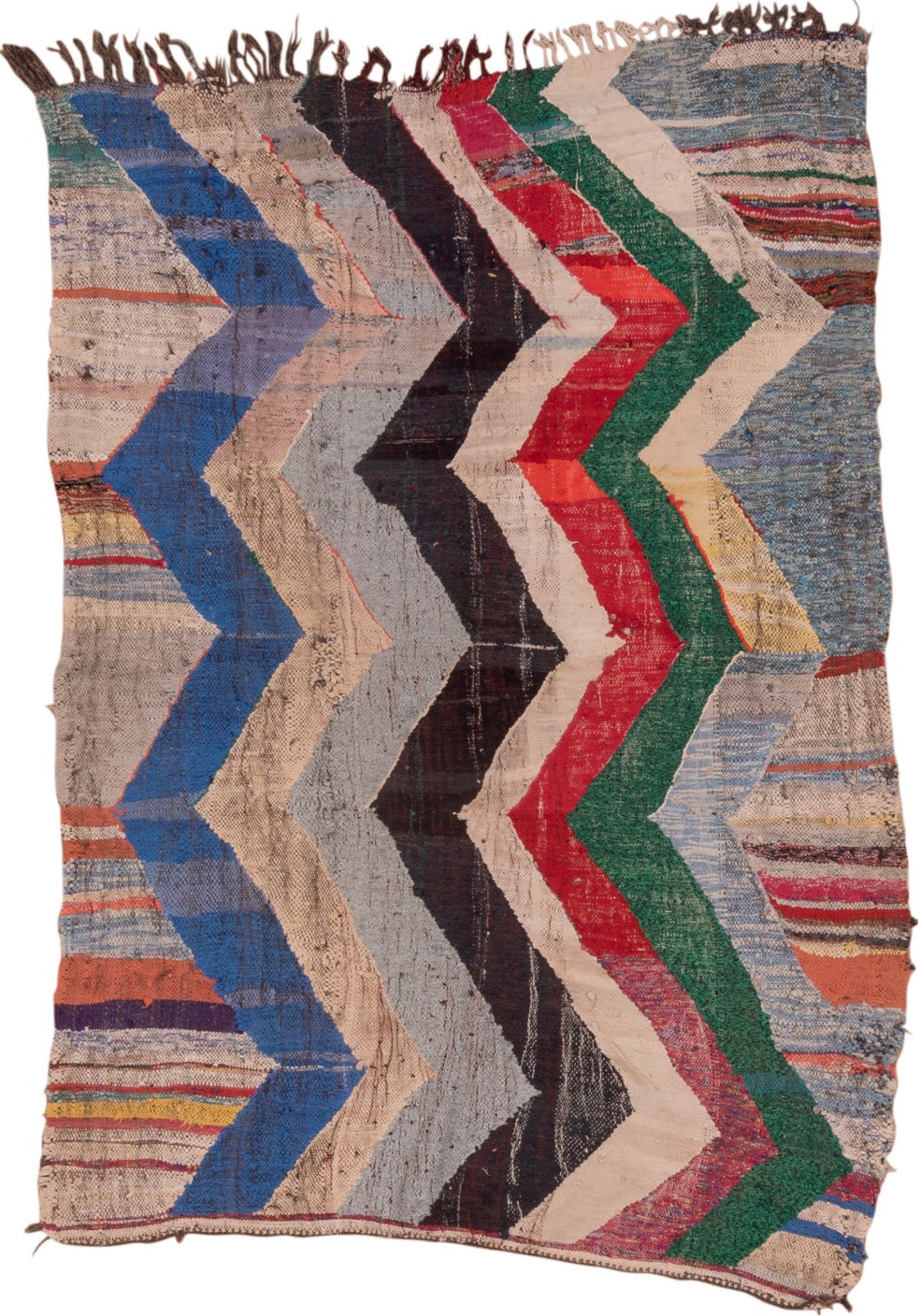 4' x 6' one-of-a-kind handmade vintage Rag Rug small size rug. Color palette: blue, brown, dim gray, gray, light gray