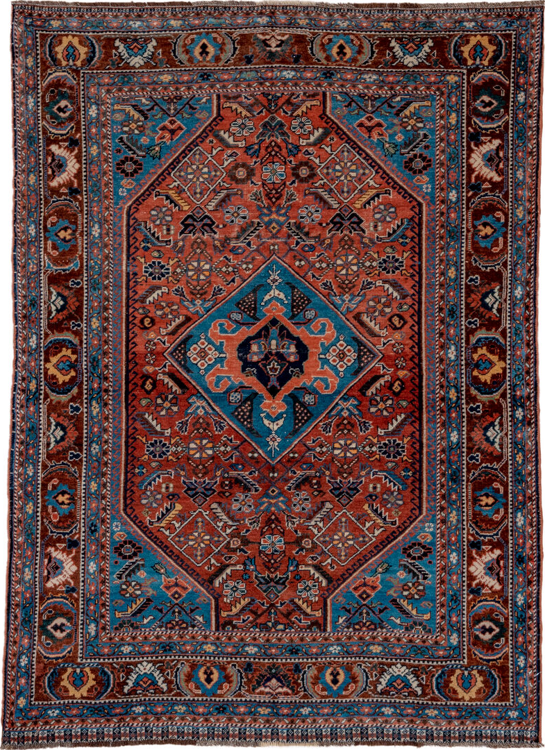 3' x 5' one-of-a-kind handmade vintage Shiraz small size rug. Color palette: brown, red, gray, blue, pink, black, dark gray