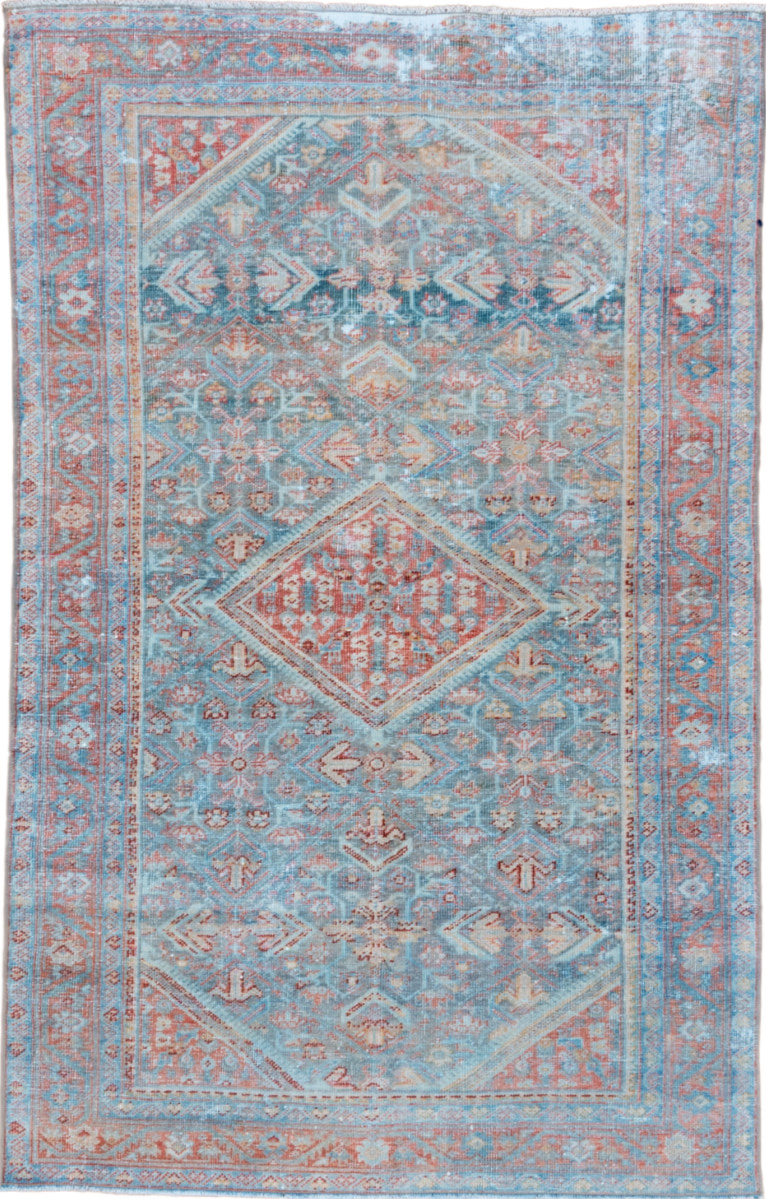 4' x 6' one-of-a-kind handmade vintage Mahal small size rug. Color palette: dark gray, gray, light blue, light gray