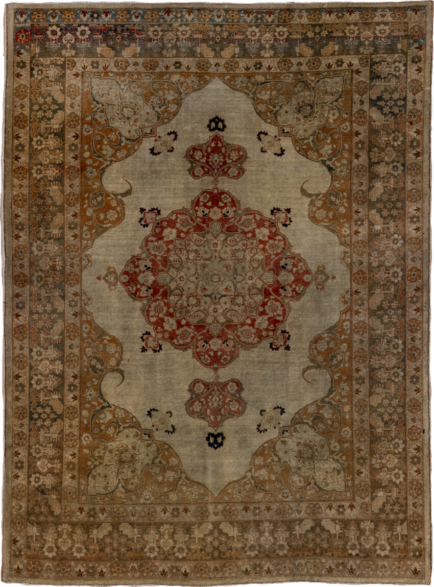 4' x 6' one-of-a-kind handmade vintage Tabriz small size rug. Color palette: gray, brown, pink, black