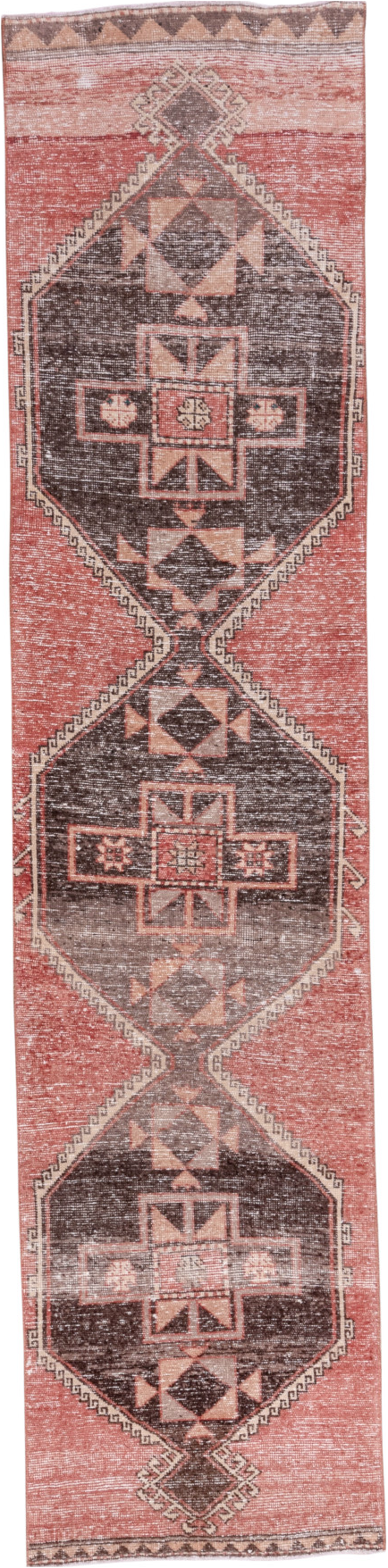 2' x 12' one-of-a-kind handmade vintage Oushak runner rug. Color palette: brown, gray, light gray, pink