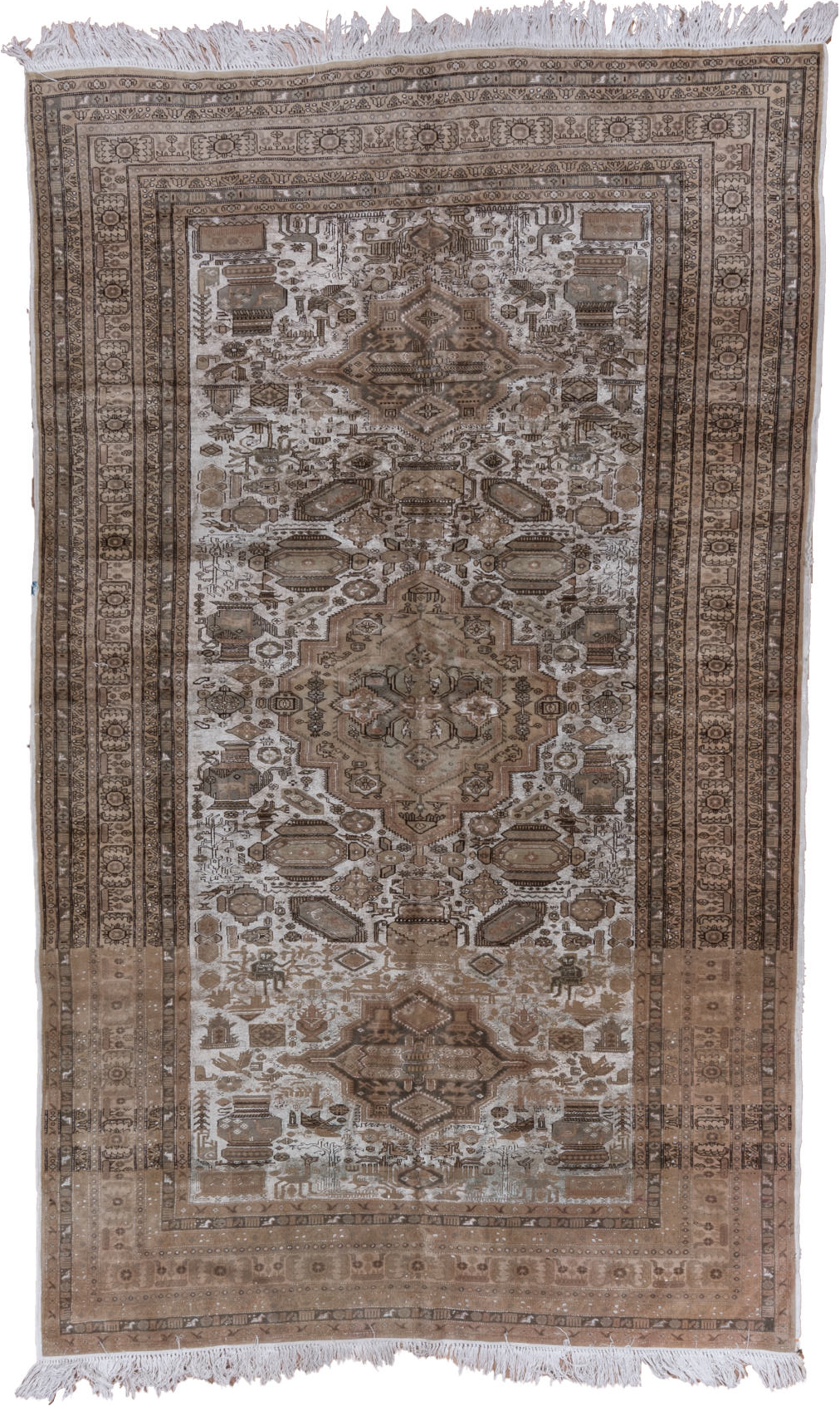 5' x 8' one-of-a-kind handmade vintage Kaisary medium size rug. Color palette: brown, dark gray, gainsboro, gray, light gray