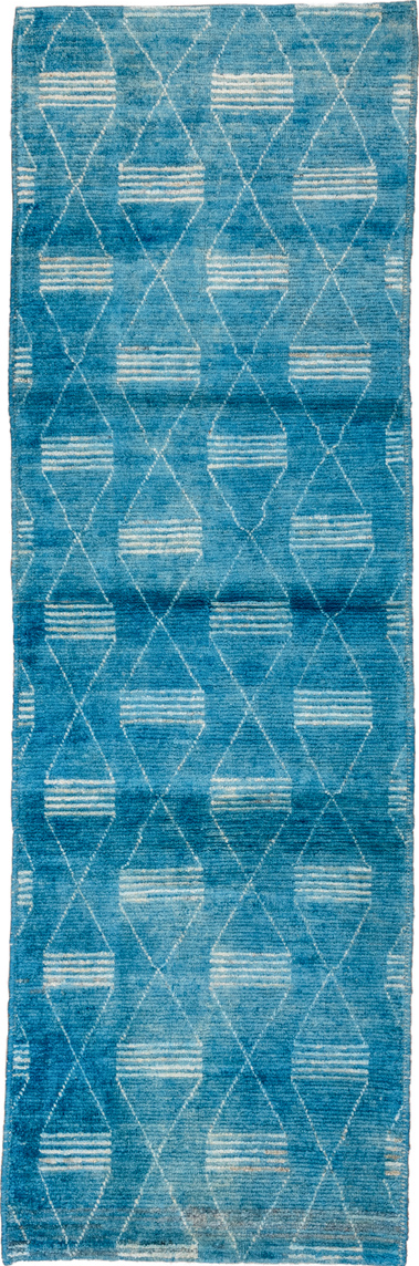 2' x 9' one-of-a-kind handmade vintage Tulu runner rug. Color palette: blue, gray, light gray, off-white, light blue, white