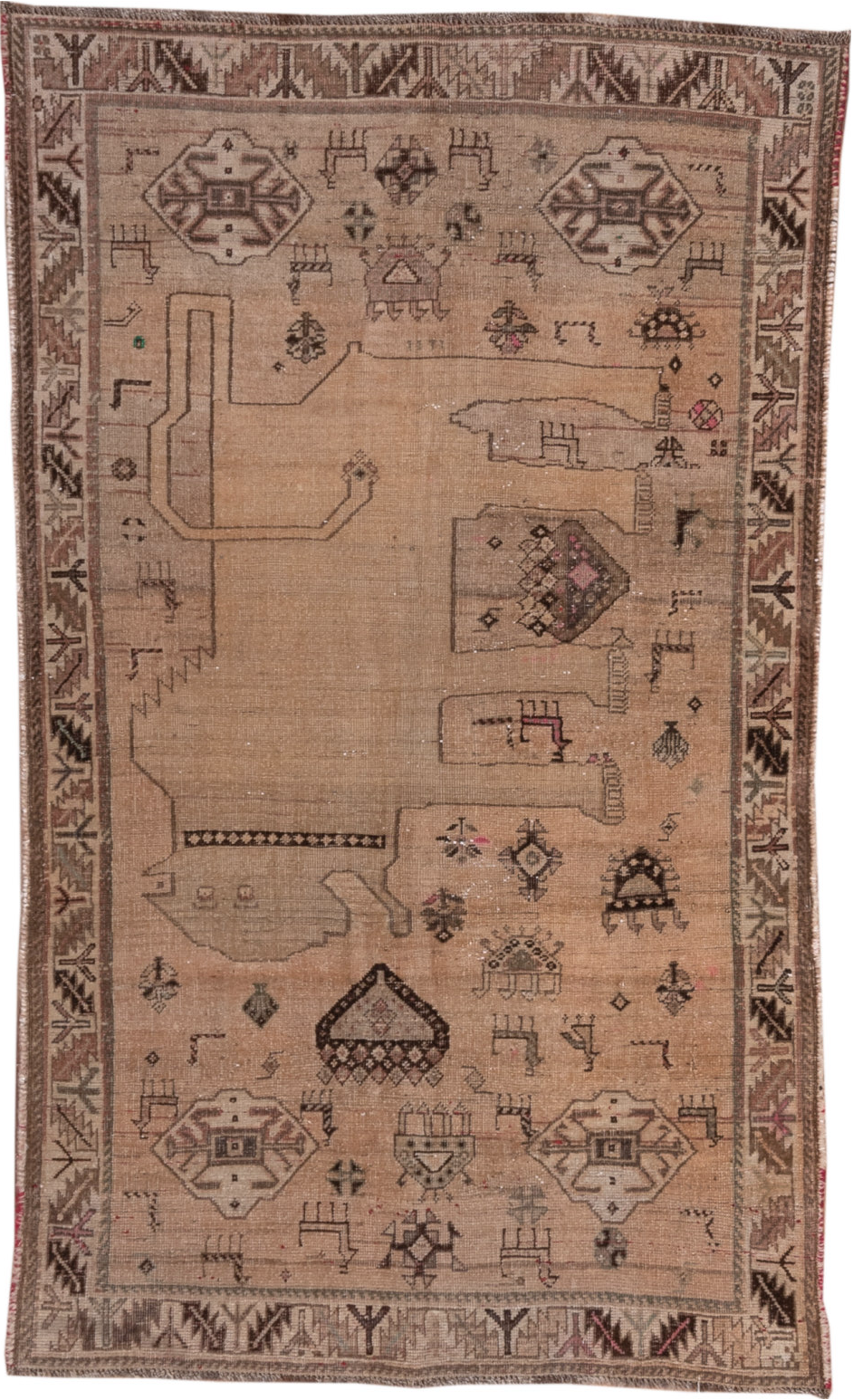 3' x 6' one-of-a-kind handmade vintage Gabbe small size rug. Color palette: brown, gray, light gray, orange, pink