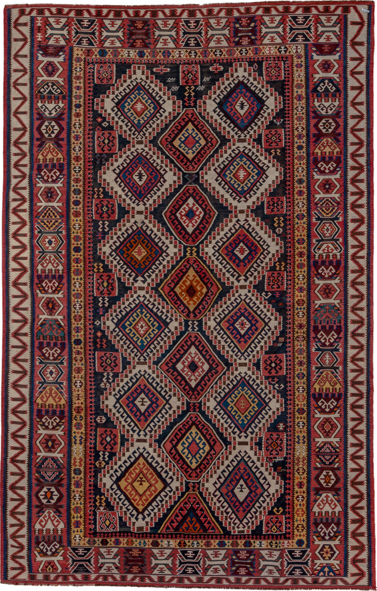 6' x 10' one-of-a-kind handmade vintage Kilim large size rug. Color palette: red, brown, gray, pink