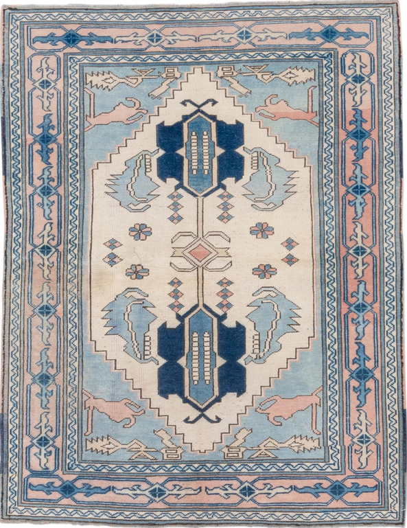 4' x 5' one-of-a-kind handmade vintage Oushak small size rug. Color palette: gray, light gray, blue, off-white, pink, silver