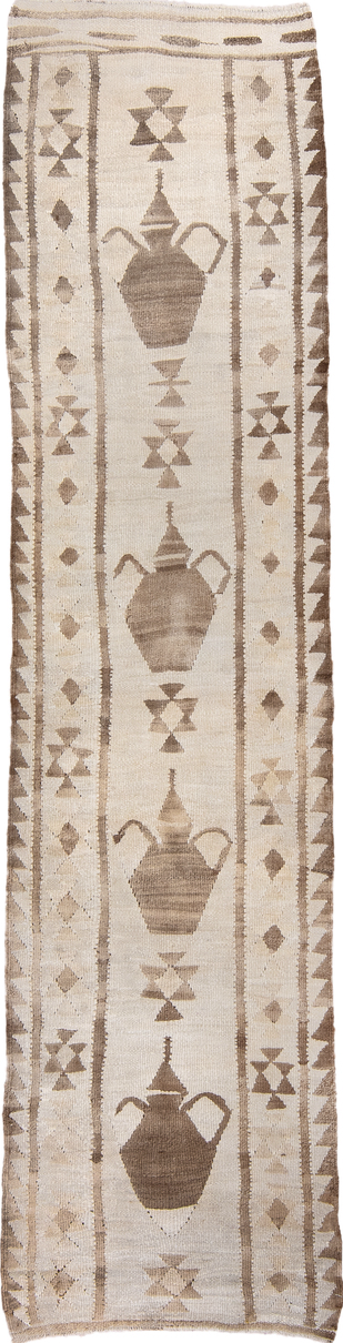 2' x 11' one-of-a-kind handmade vintage Kilim runner rug. Color palette: light gray, off-white, gray, brown, pink, orange