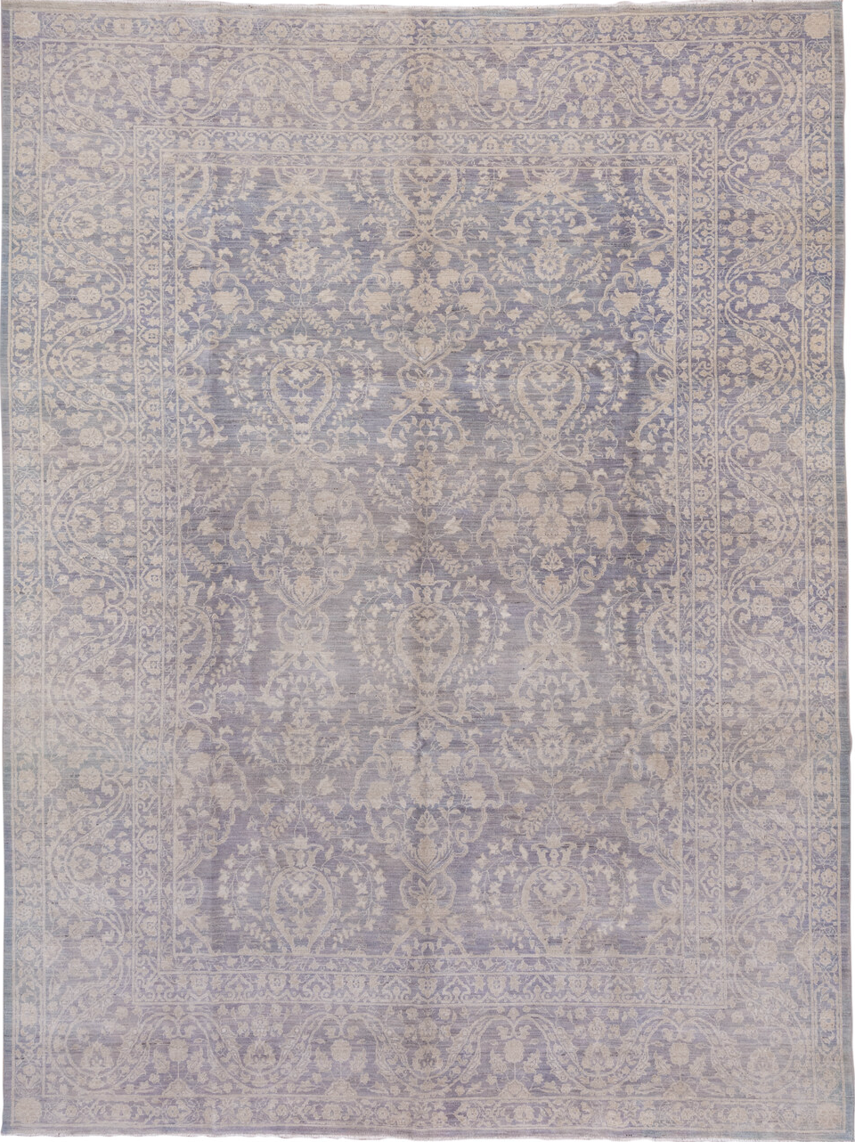 9' x 12' one-of-a-kind handmade vintage Afghan large size rug. Color palette: gray, pink, light gray, off-white, silver