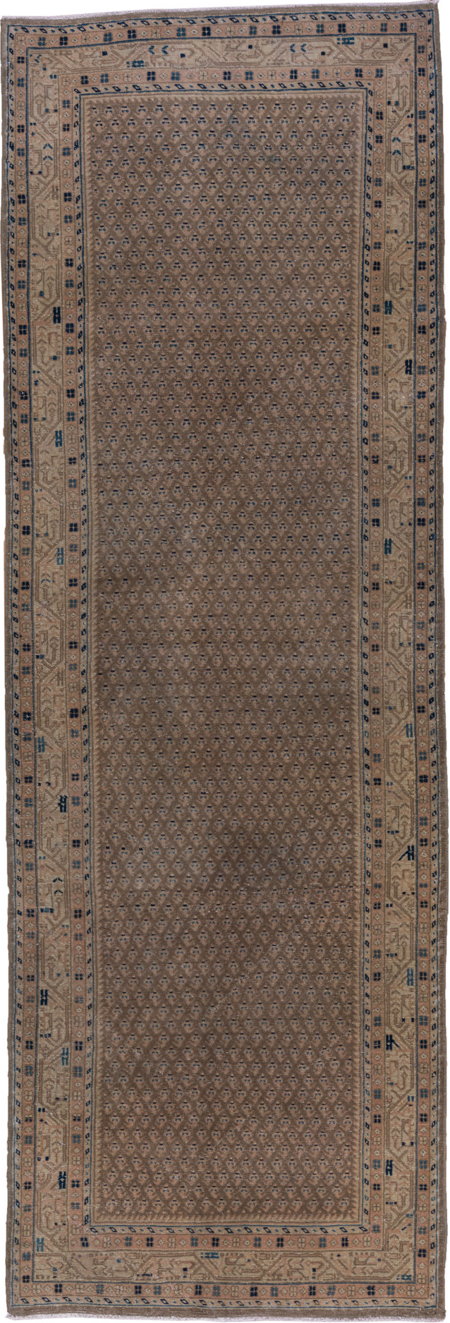 3' x 10' one-of-a-kind handmade vintage Mahal runner rug. Color palette: arapawa, black, blue, brown, dark gray, dim gray