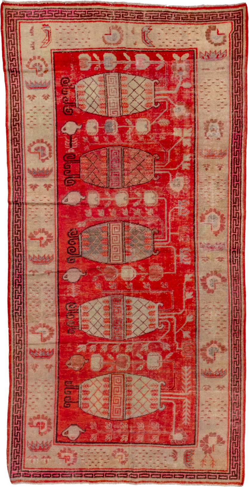 5' x 10' one-of-a-kind handmade vintage Khotan runner rug. Color palette: brown, fire brick, light coral, off-white, pink