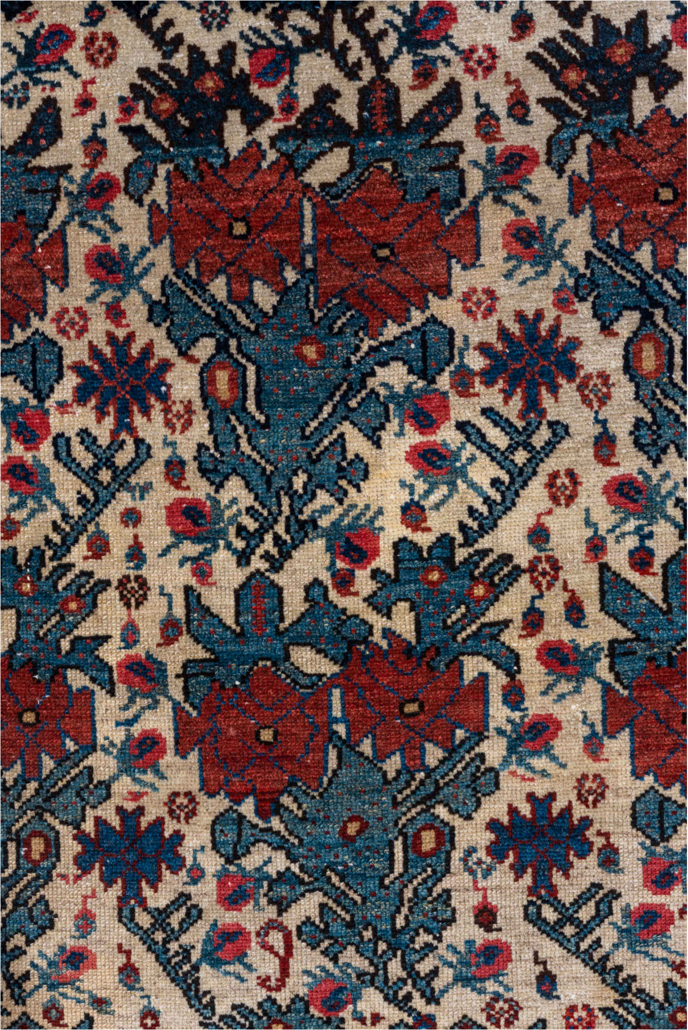 3' x 4' one-of-a-kind handmade vintage Malayer small size rug. Color palette: gray, off-white, brown, red, blue, pink, black