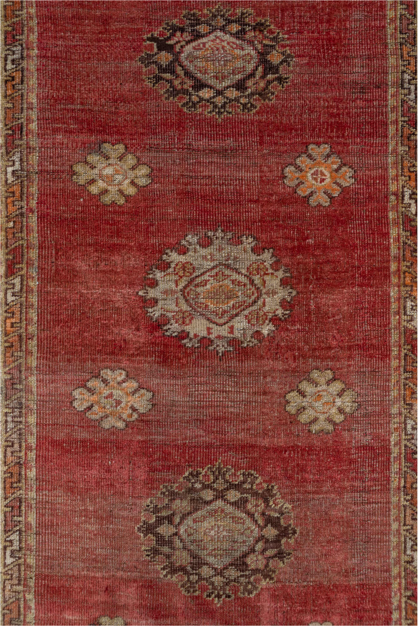 3' x 11' one-of-a-kind handmade vintage Oushak runner rug. Color palette: brown, orange, pink, red, redwood