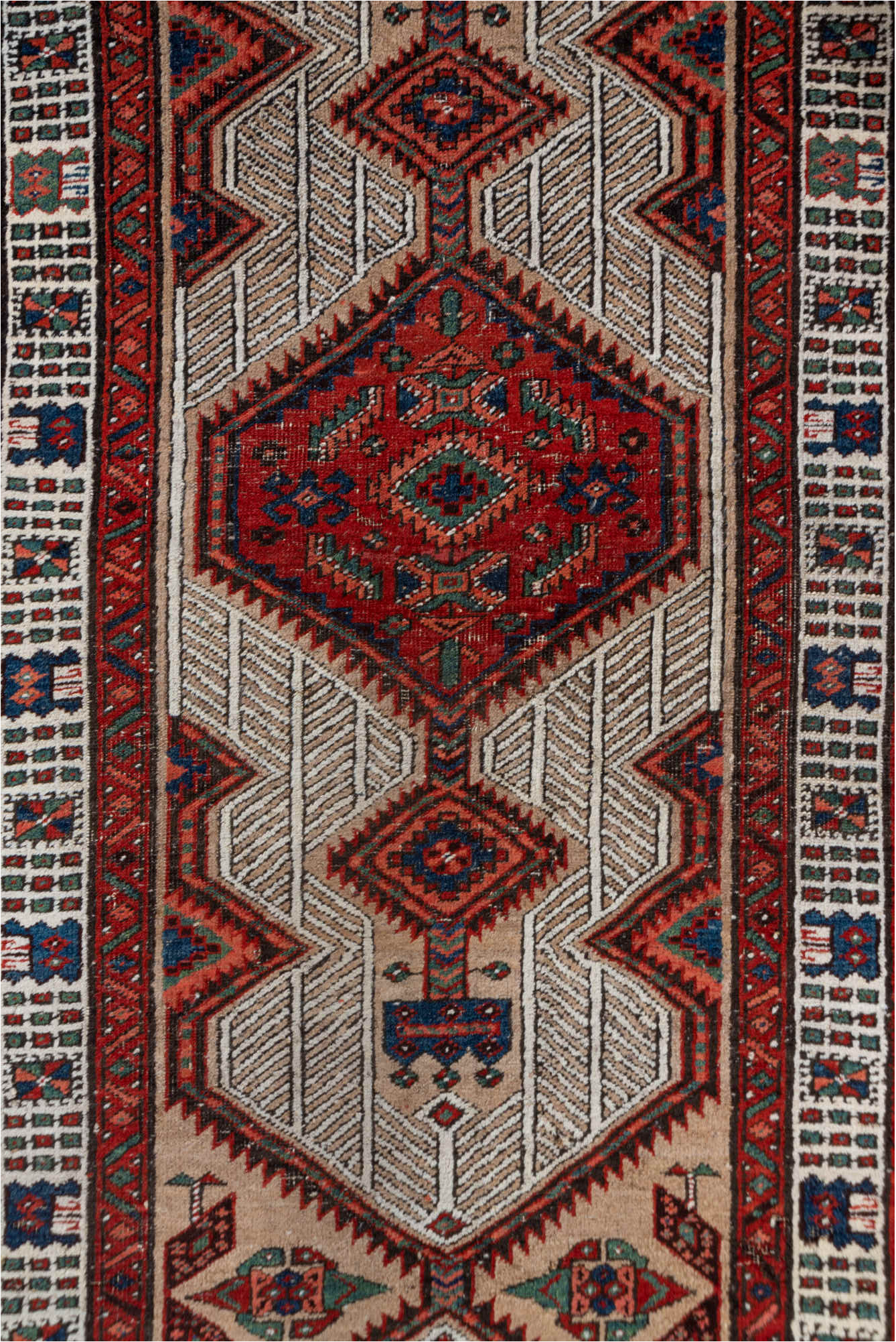 2' x 14' one-of-a-kind handmade vintage Sarab runner rug. Color palette: brown, dim gray, fire brick, gray, light gray