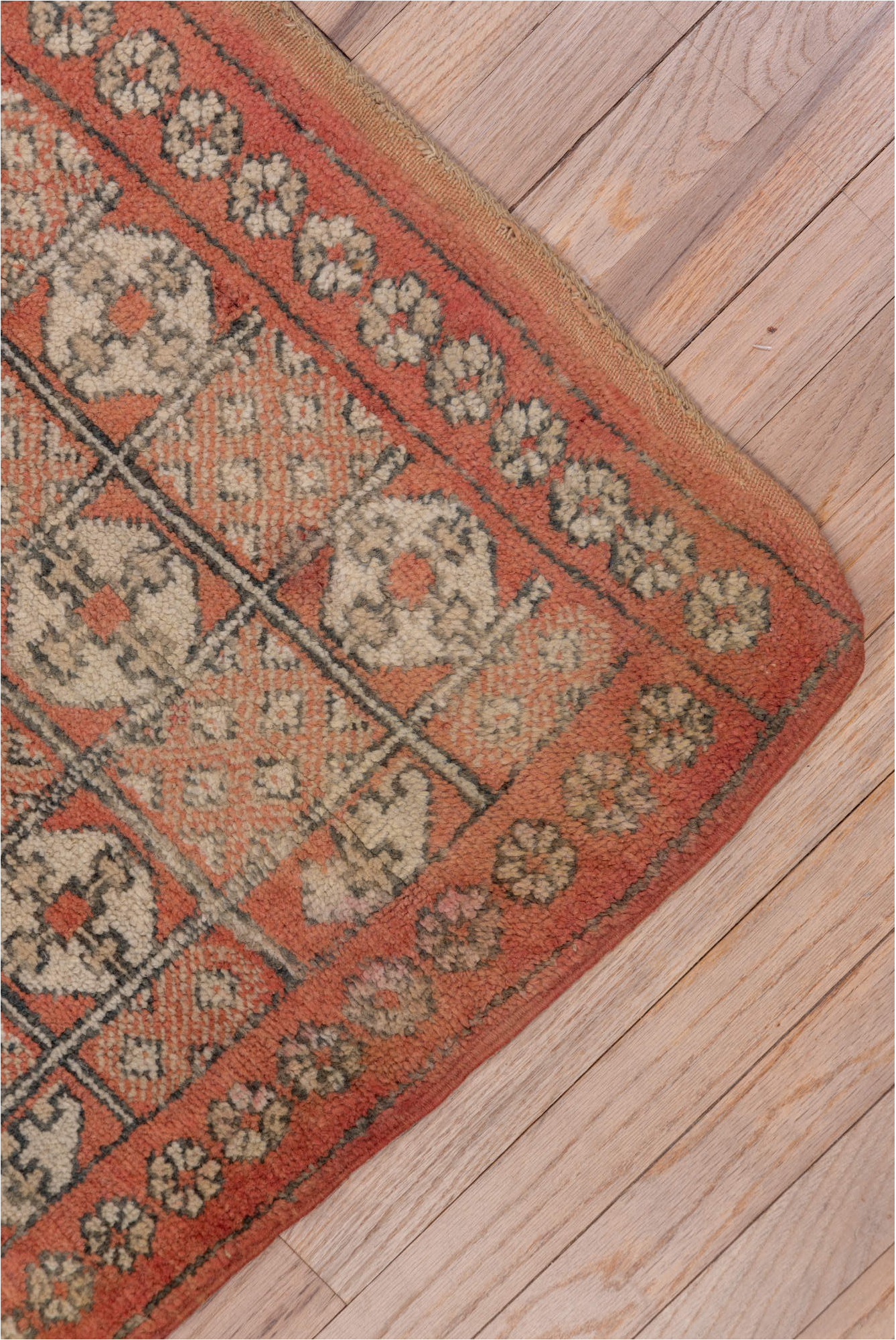 5' x 10' one-of-a-kind handmade vintage Moroccan medium size rug. Color palette: brown, gray, pink