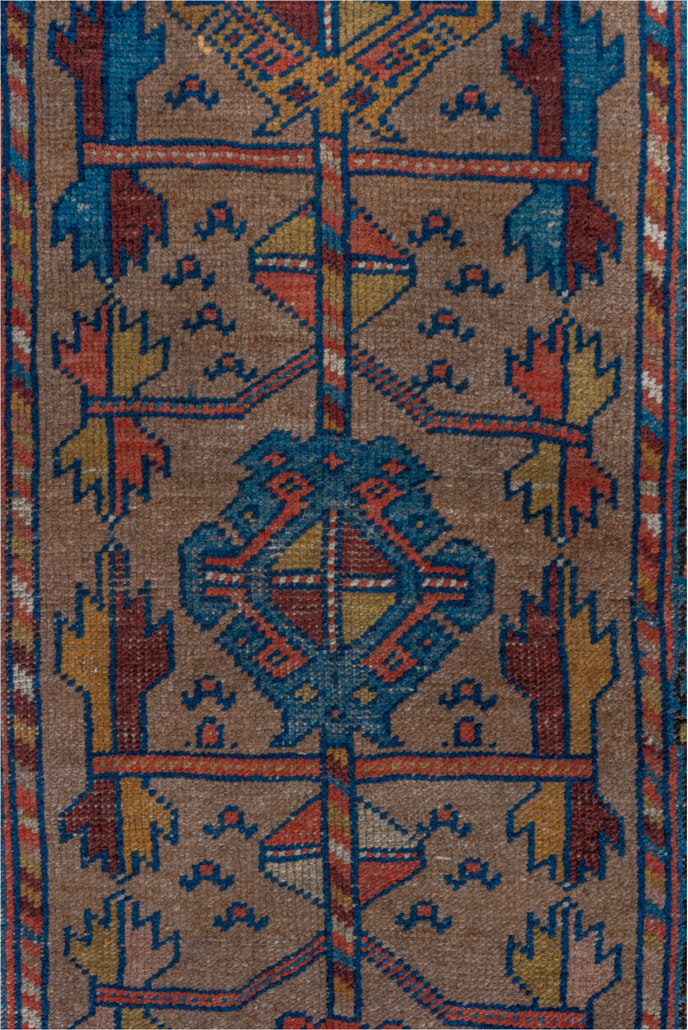 3' x 8' one-of-a-kind handmade vintage Kurd runner rug. Color palette: arapawa, blue, brown, gray, pink, red, redwood