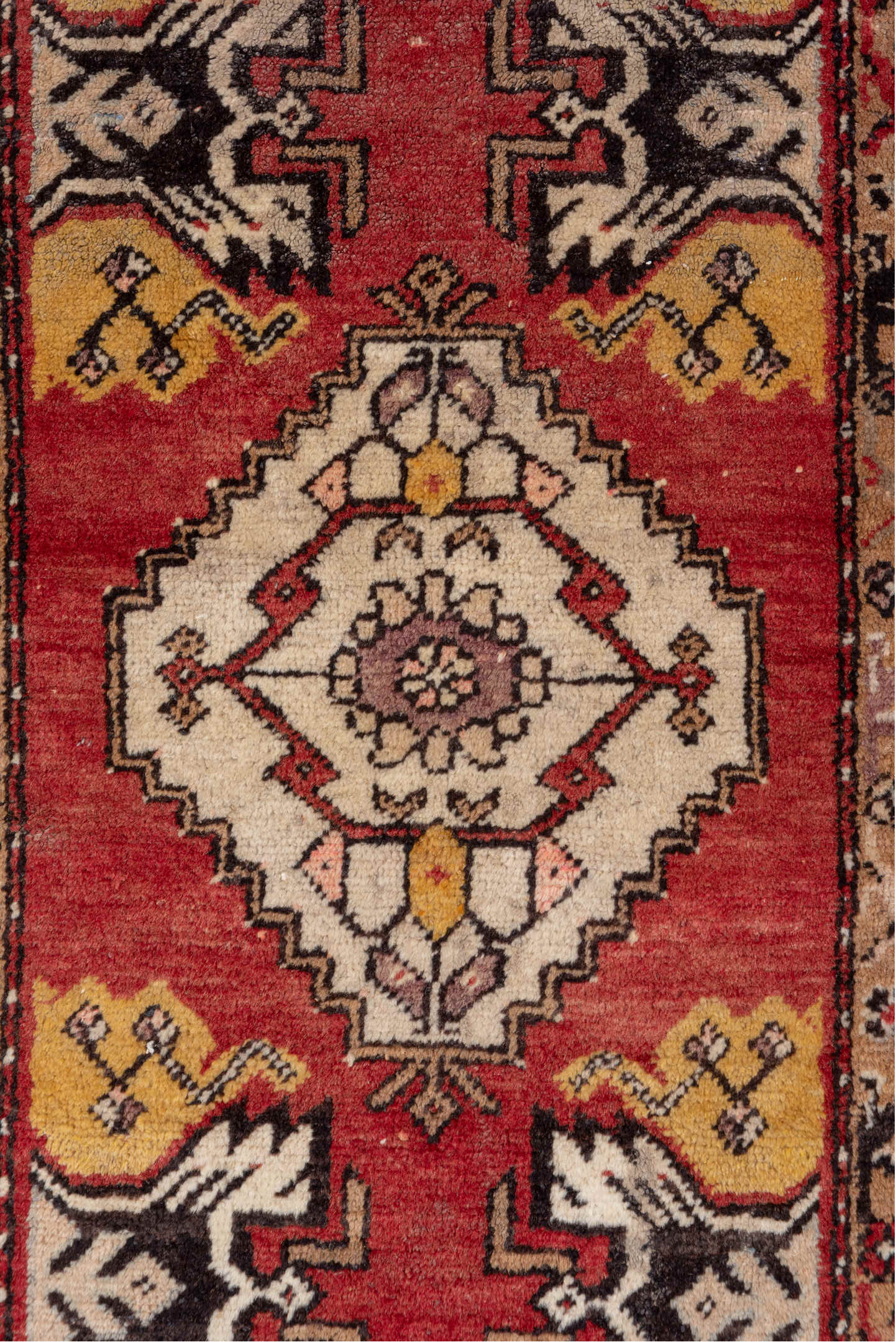 2' x 3' one-of-a-kind handmade vintage Oushak small size rug. Color palette: red, brown, pink, black