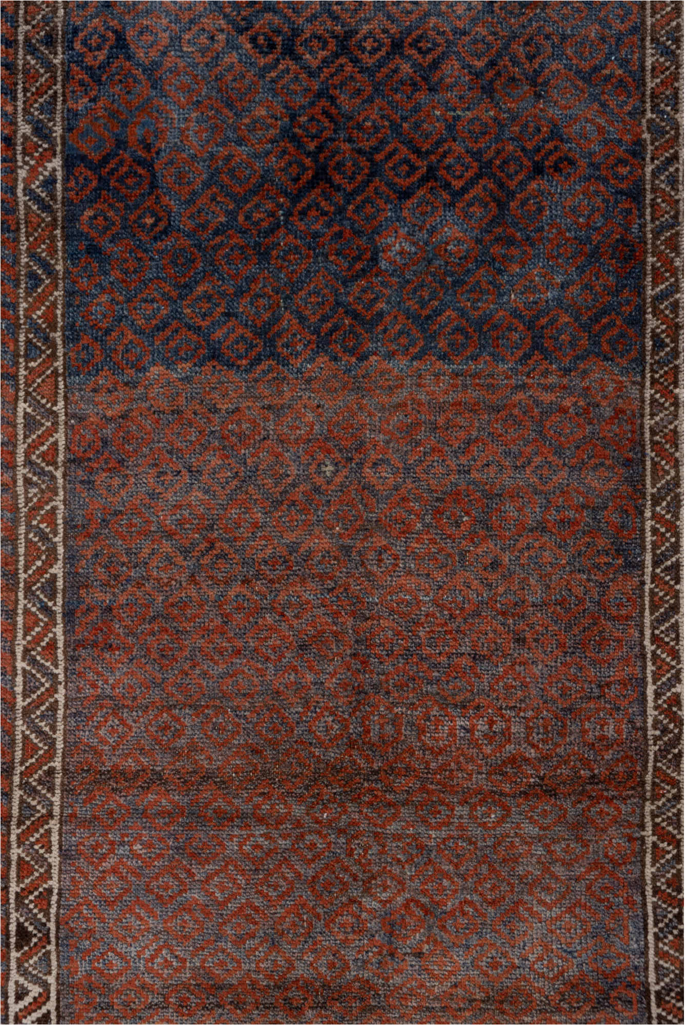 3' x 6' one-of-a-kind handmade vintage Belouch small size rug. Color palette: brown, gray, light gray, pink, red, redwood
