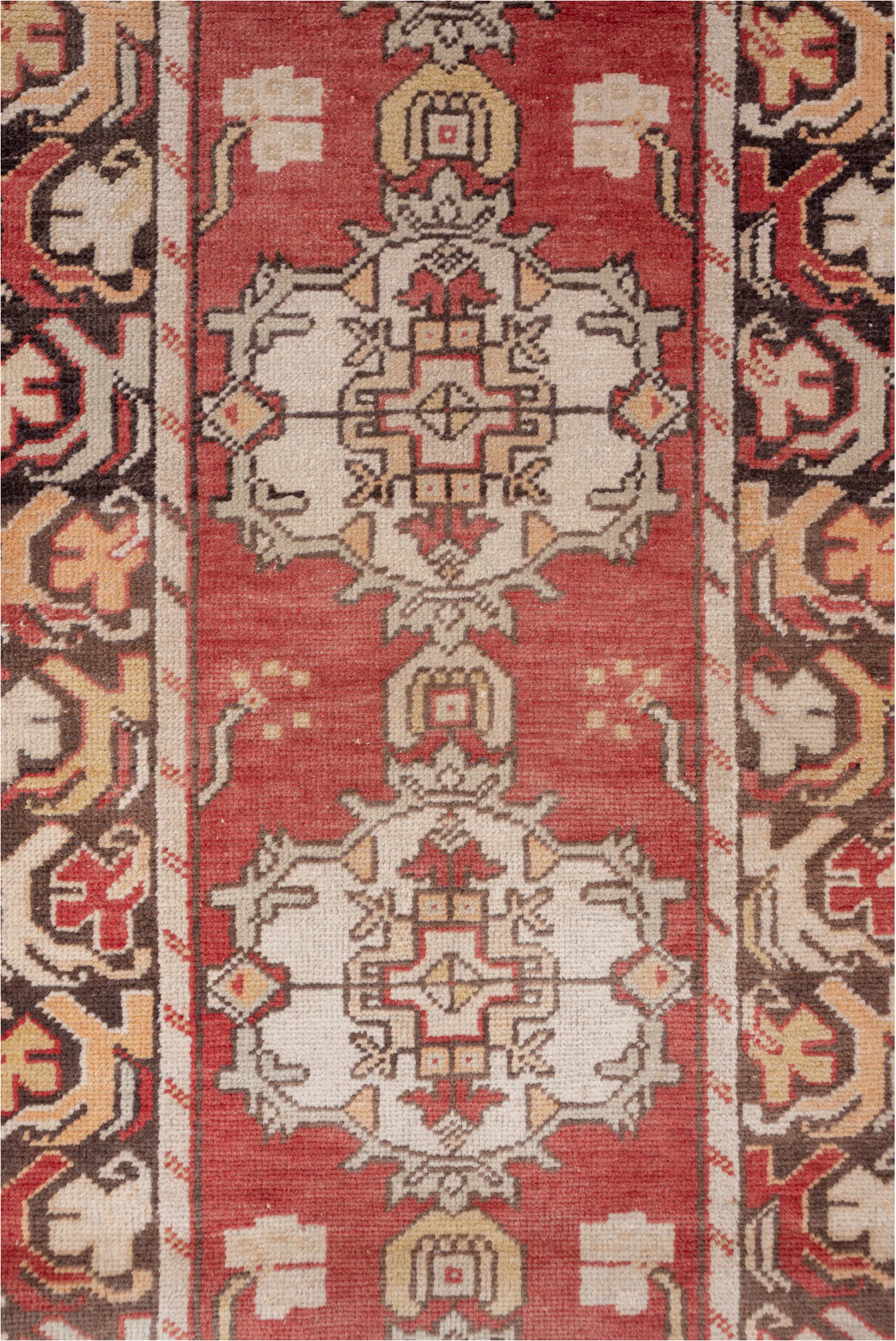 2' x 9' one-of-a-kind handmade vintage Oushak runner rug. Color palette: brown, gray, light gray, off-white, pink, red