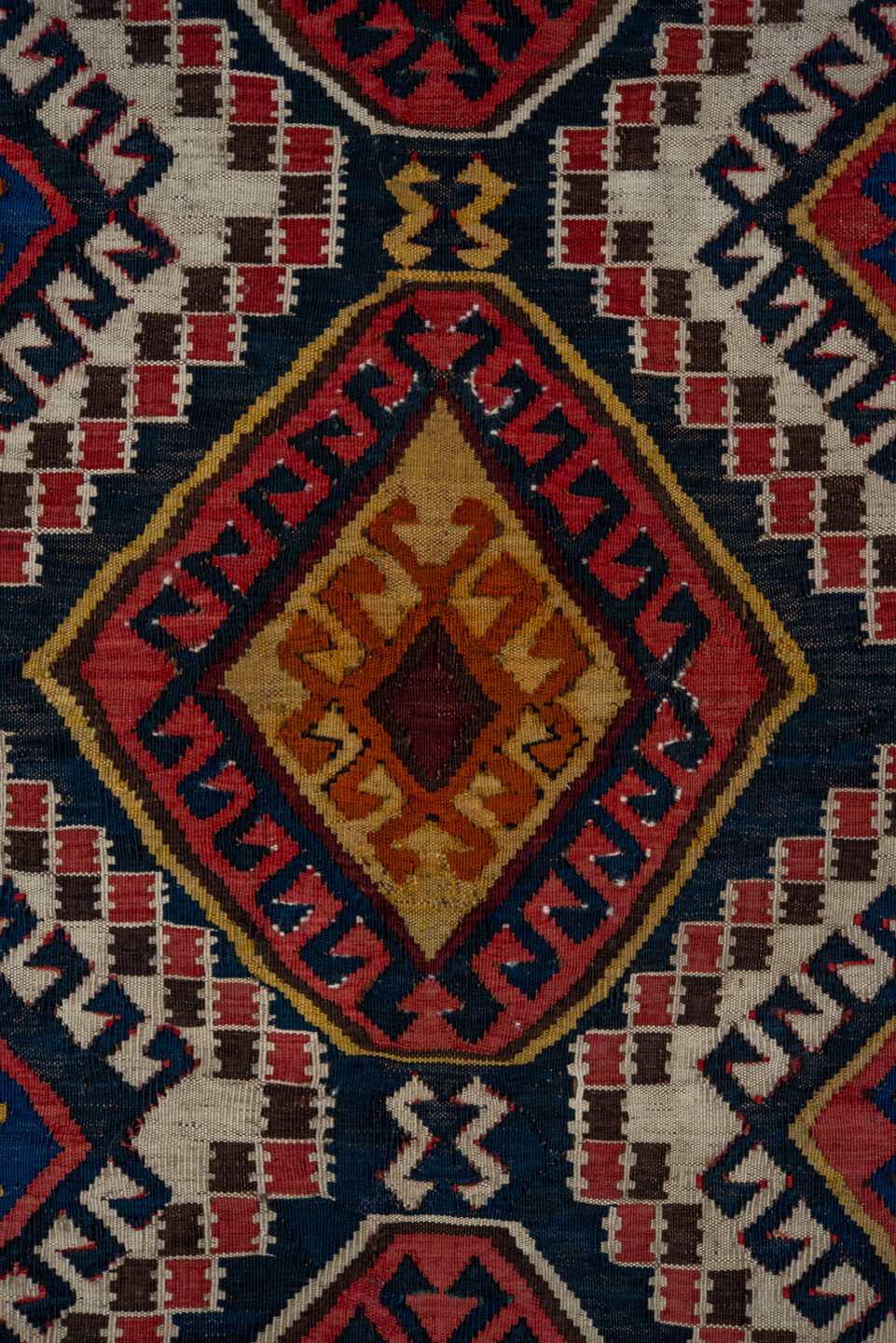 6' x 10' one-of-a-kind handmade vintage Kilim large size rug. Color palette: red, brown, gray, pink