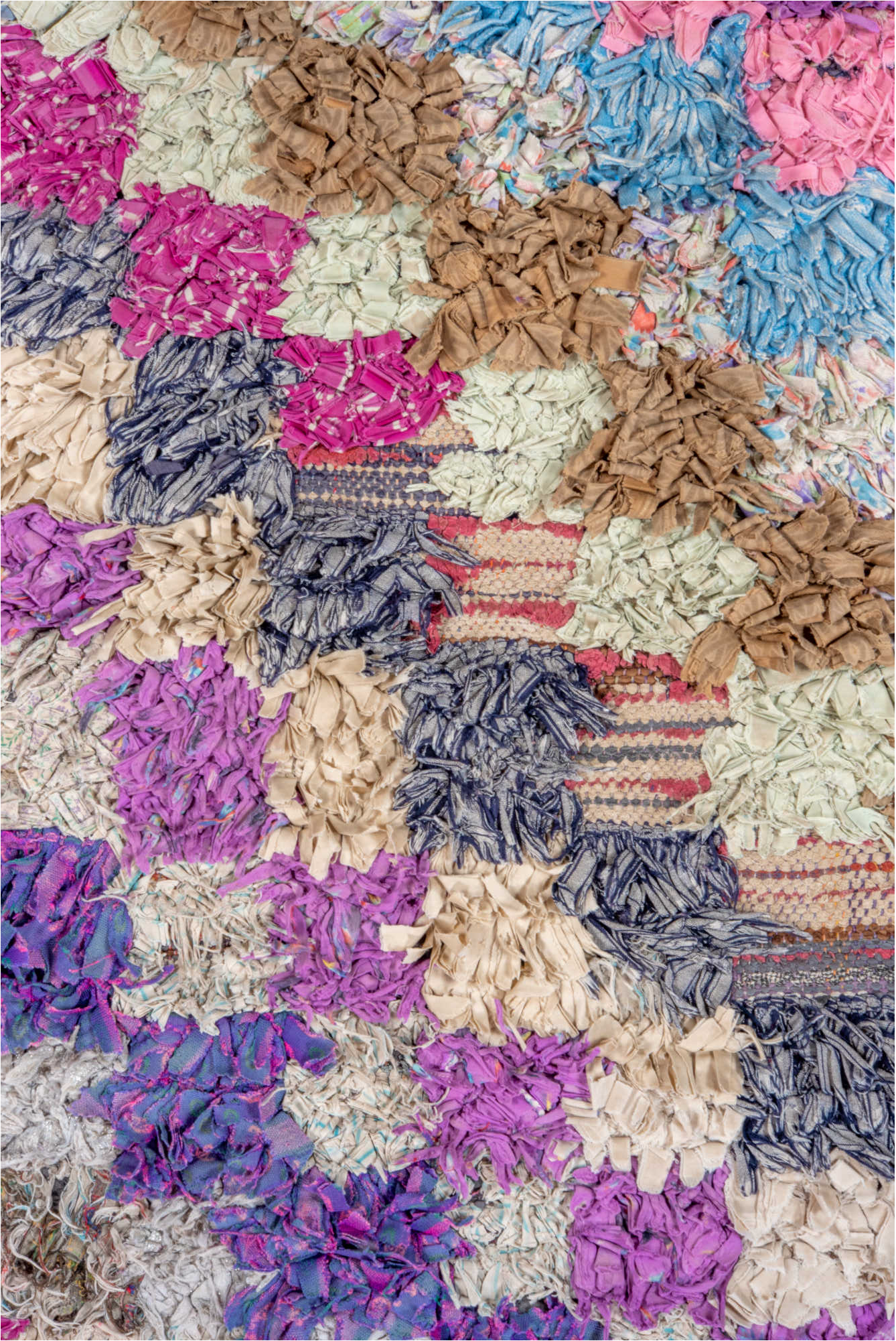 3' x 5' one-of-a-kind handmade vintage Rag Rug small size rug. Color palette: blue, gray, light blue, light gray, off-white