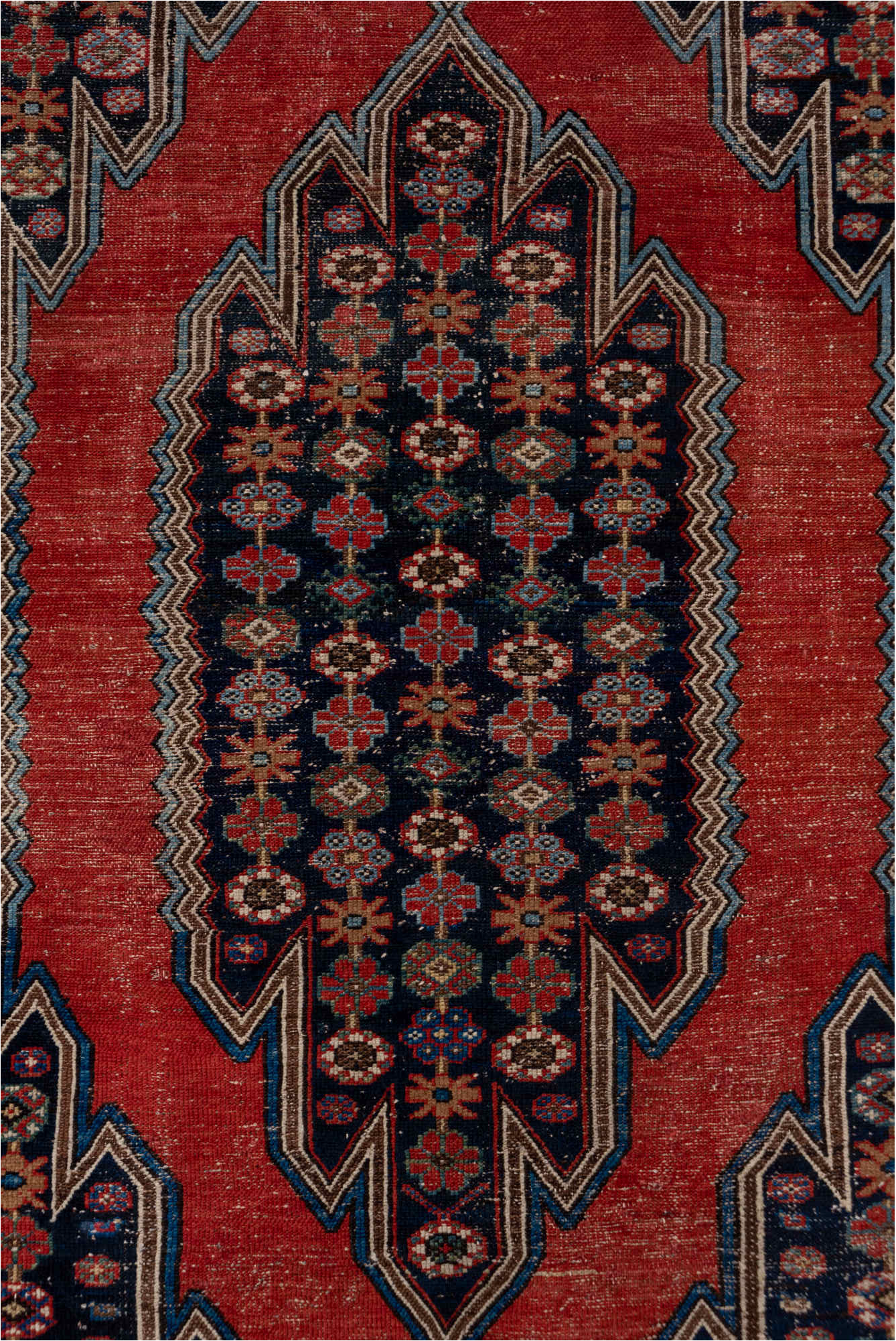 4' x 6' one-of-a-kind handmade vintage Malayer small size rug. Color palette: blue, brown, gray, pink, red