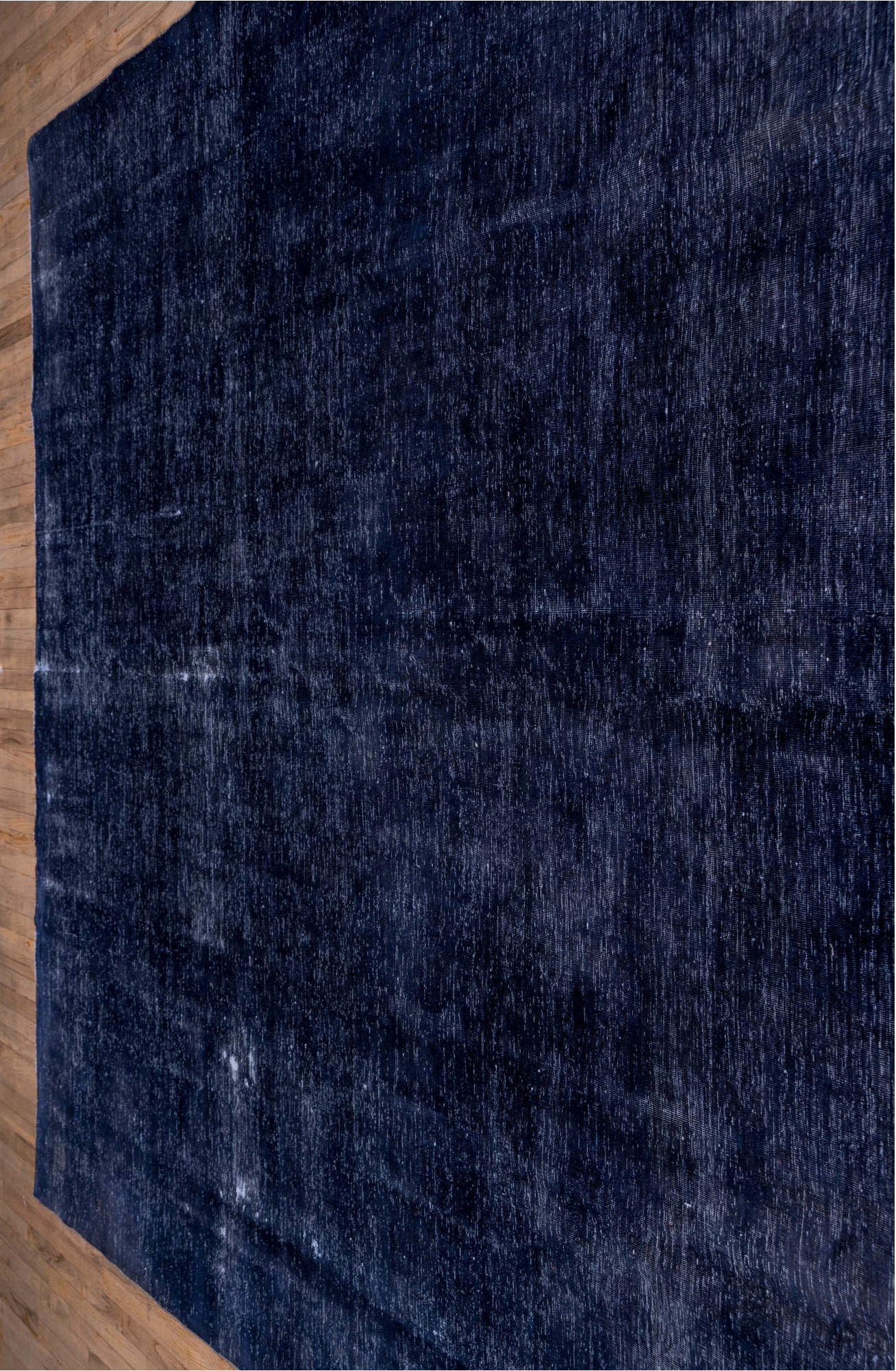 9' x 13' one-of-a-kind handmade vintage Overdyed large size rug. Color palette: blue, fiord, gray, light blue