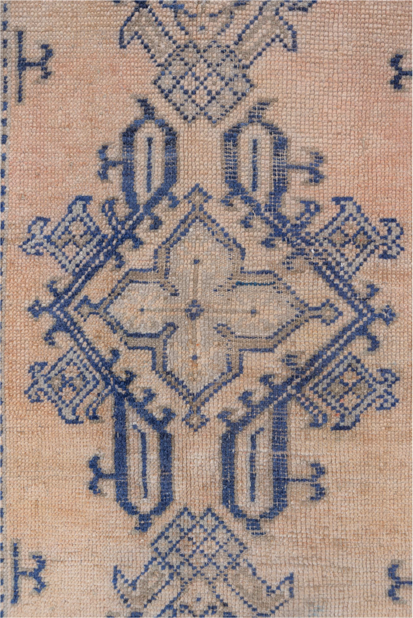 2' x 5' one-of-a-kind handmade vintage Oushak small size rug. Color palette: blue, brown, gray, light gray, off-white