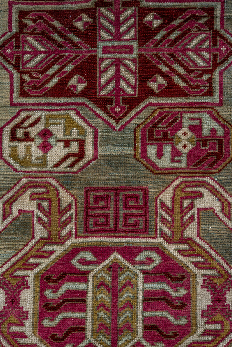 3' x 17' one-of-a-kind handmade vintage Caucasian runner rug. Color palette: brown, gray, red, off-white, white, snow