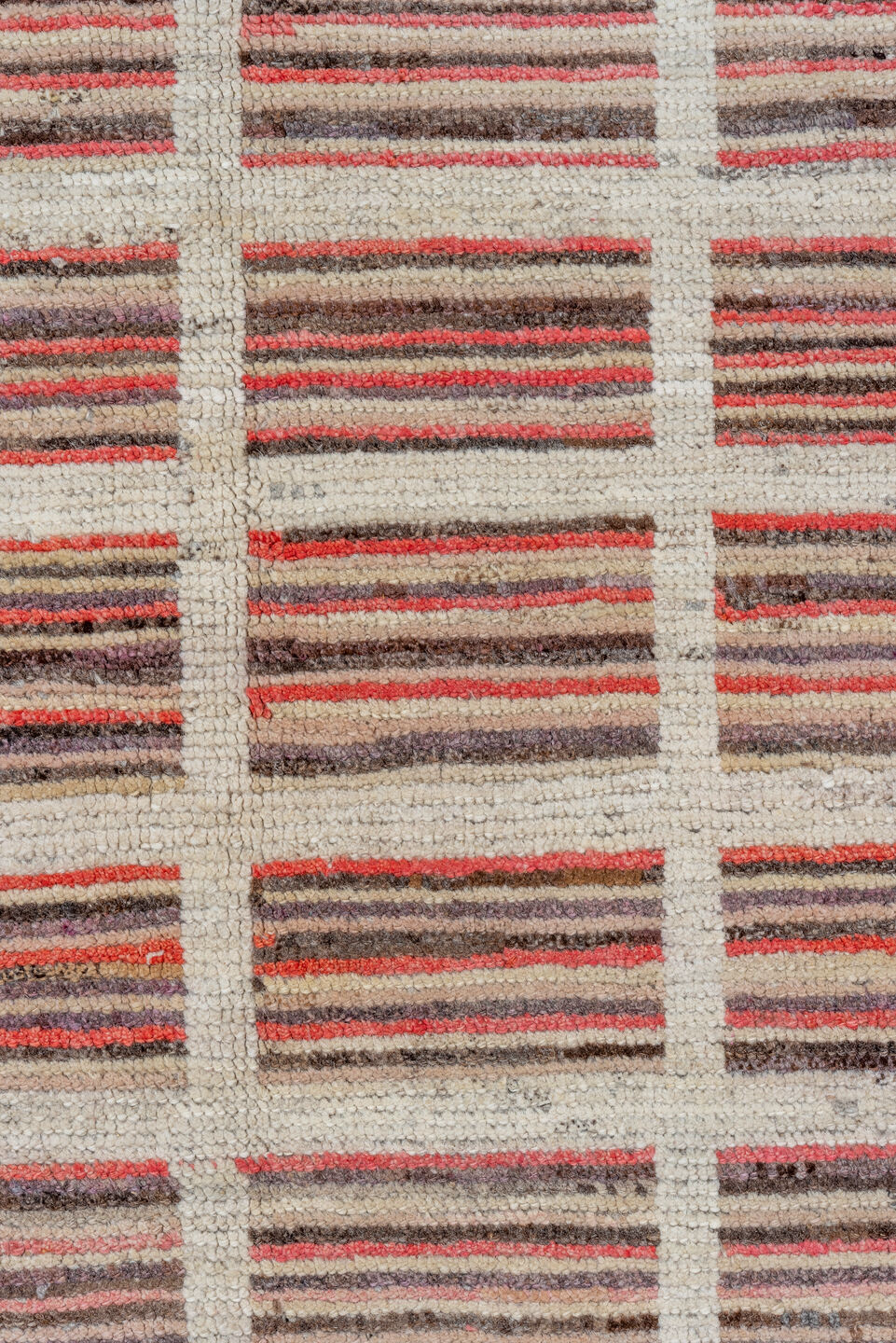 9' x 12' one-of-a-kind handmade vintage Tulu large size rug. Color palette: gray, brown, pink, red, off-white, light gray