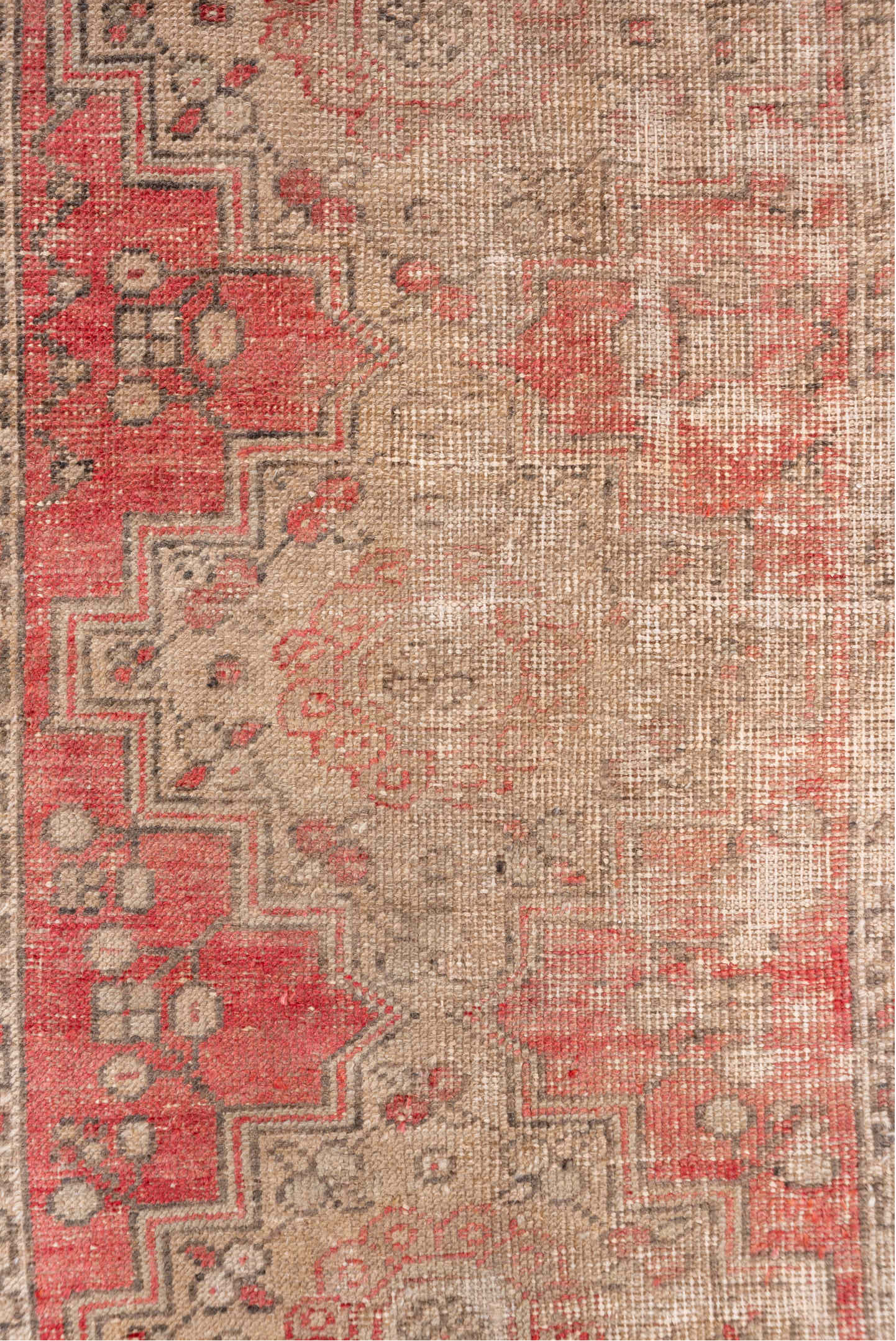 2' x 9' one-of-a-kind handmade vintage Oushak runner rug. Color palette: red, pink, brown, off-white, white, snow