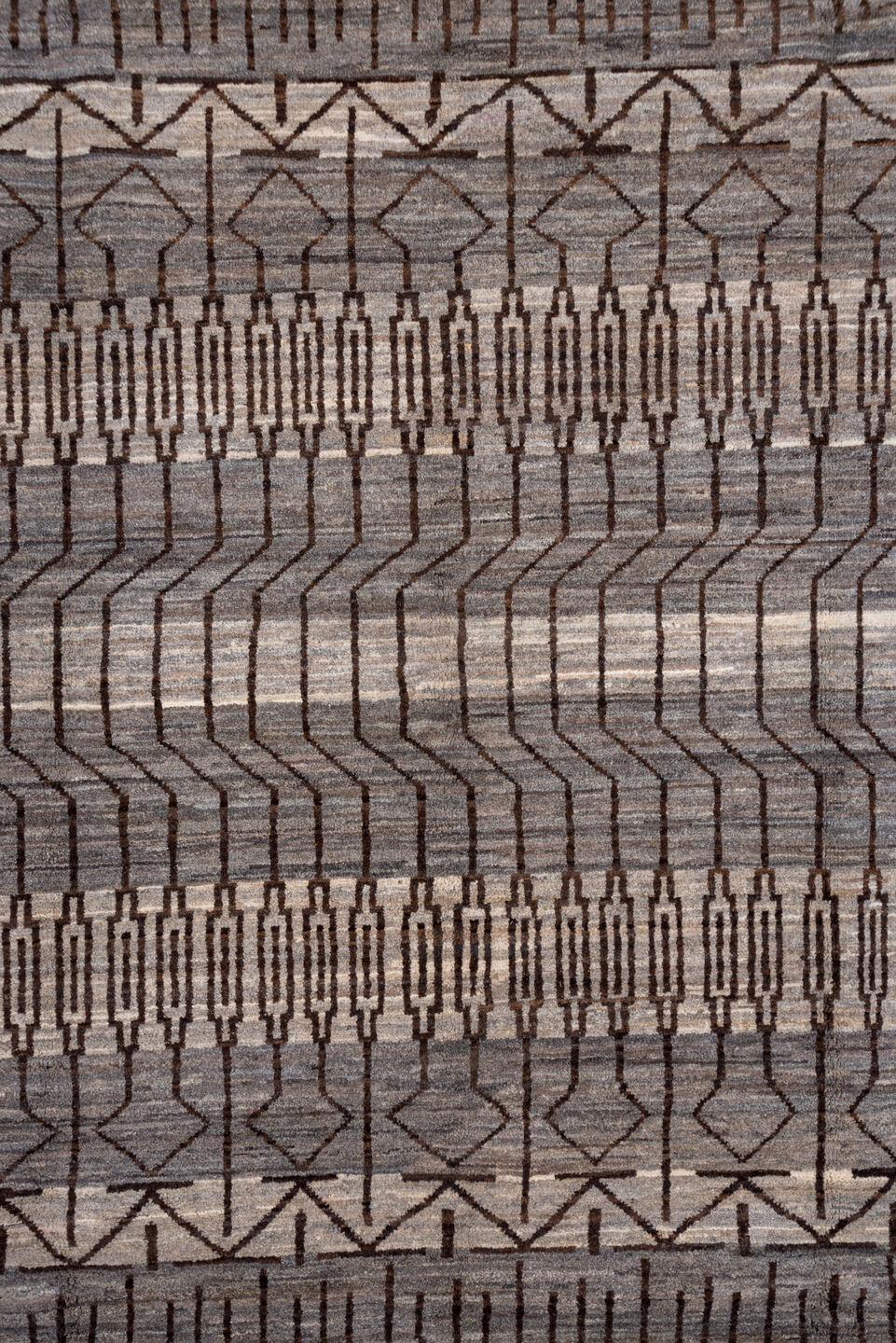 6' x 9' one-of-a-kind handmade vintage Gabbe medium size rug. Color palette: gray, black, brown, light gray, off-white, pink