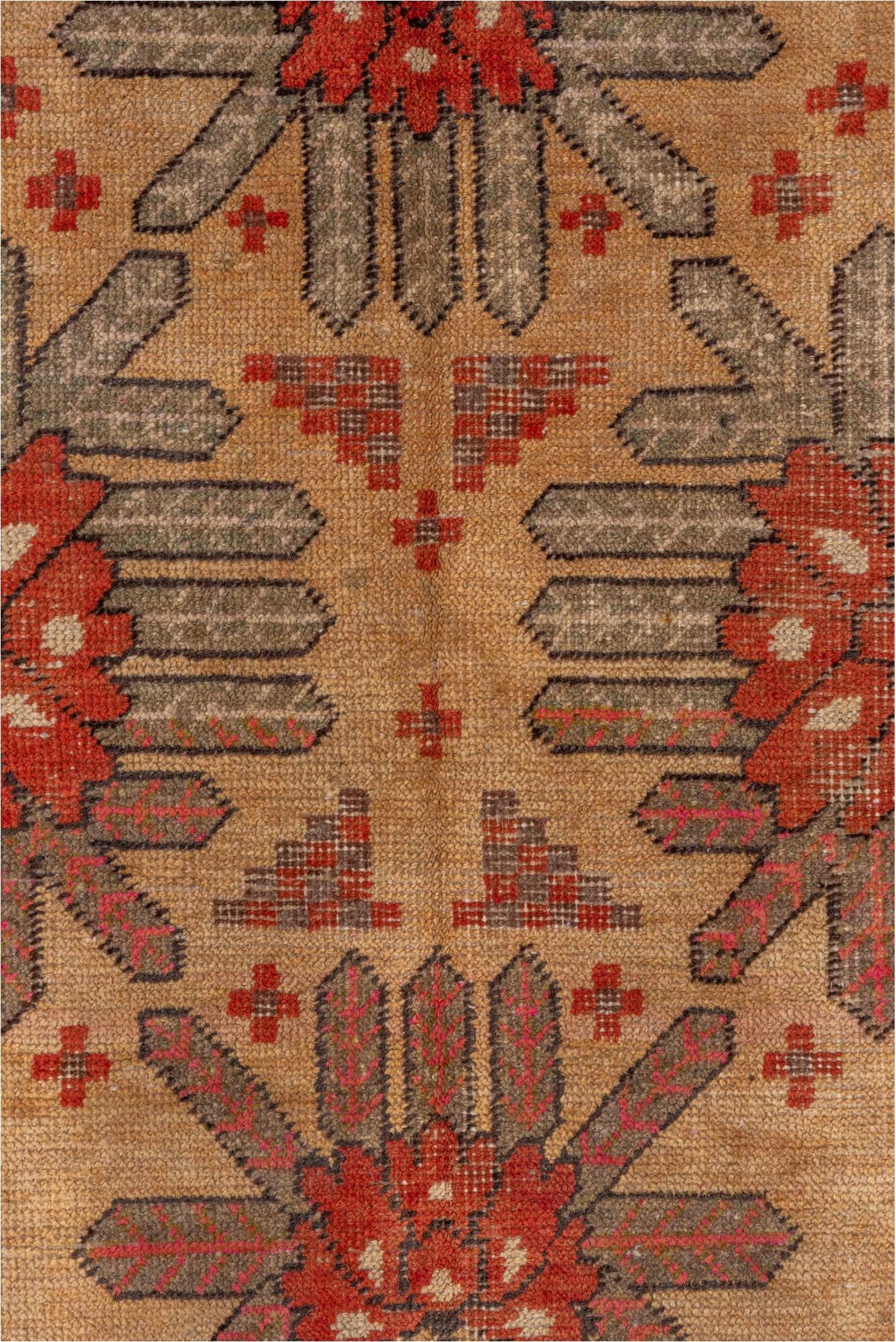 5' x 8' one-of-a-kind handmade vintage Khotan medium size rug. Color palette: brown, dark red, off-white, orange, red, tan