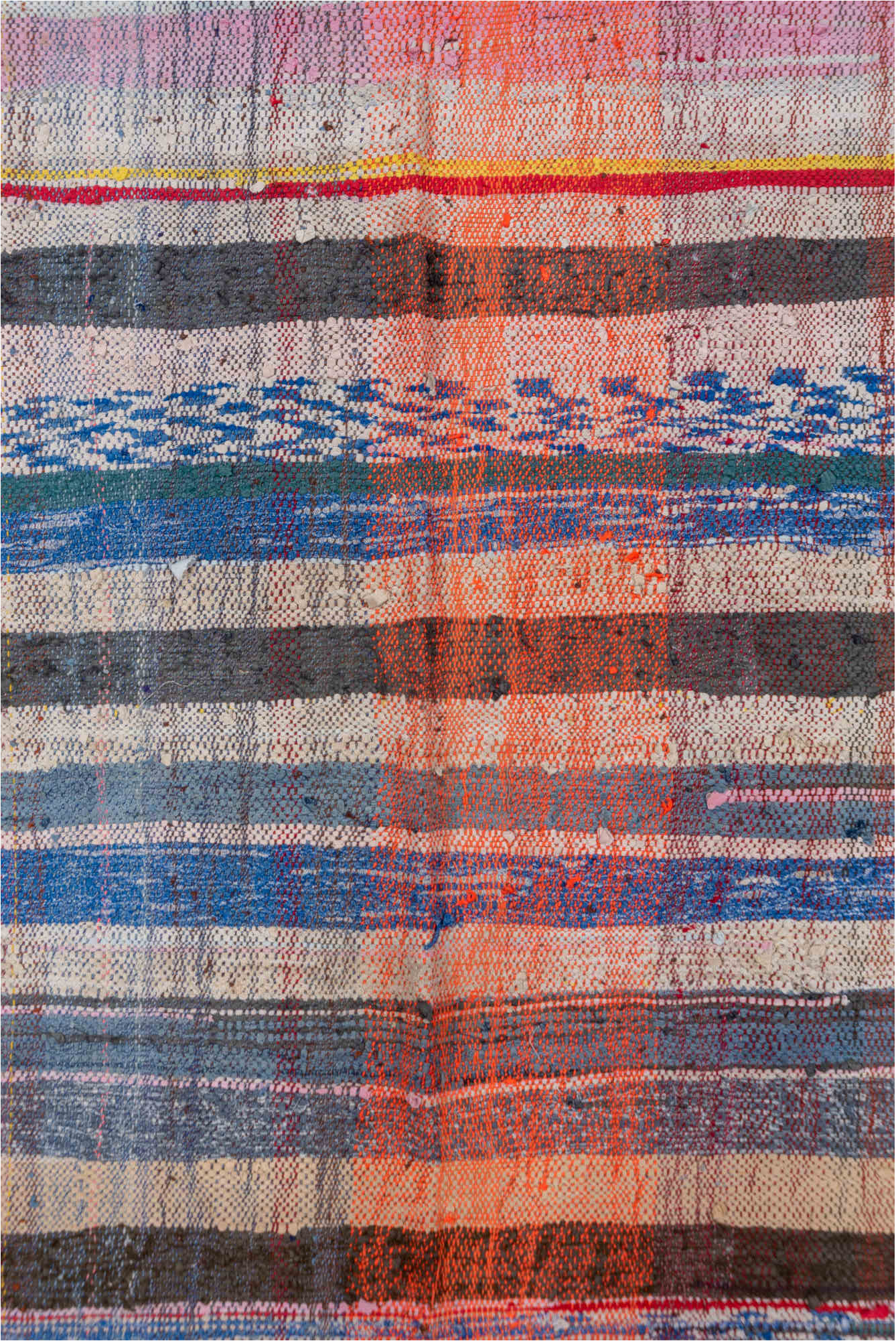 5' x 6' one-of-a-kind handmade vintage Textile rug. Color palette: blue, brown, gray, light gray, off-white, pink, red