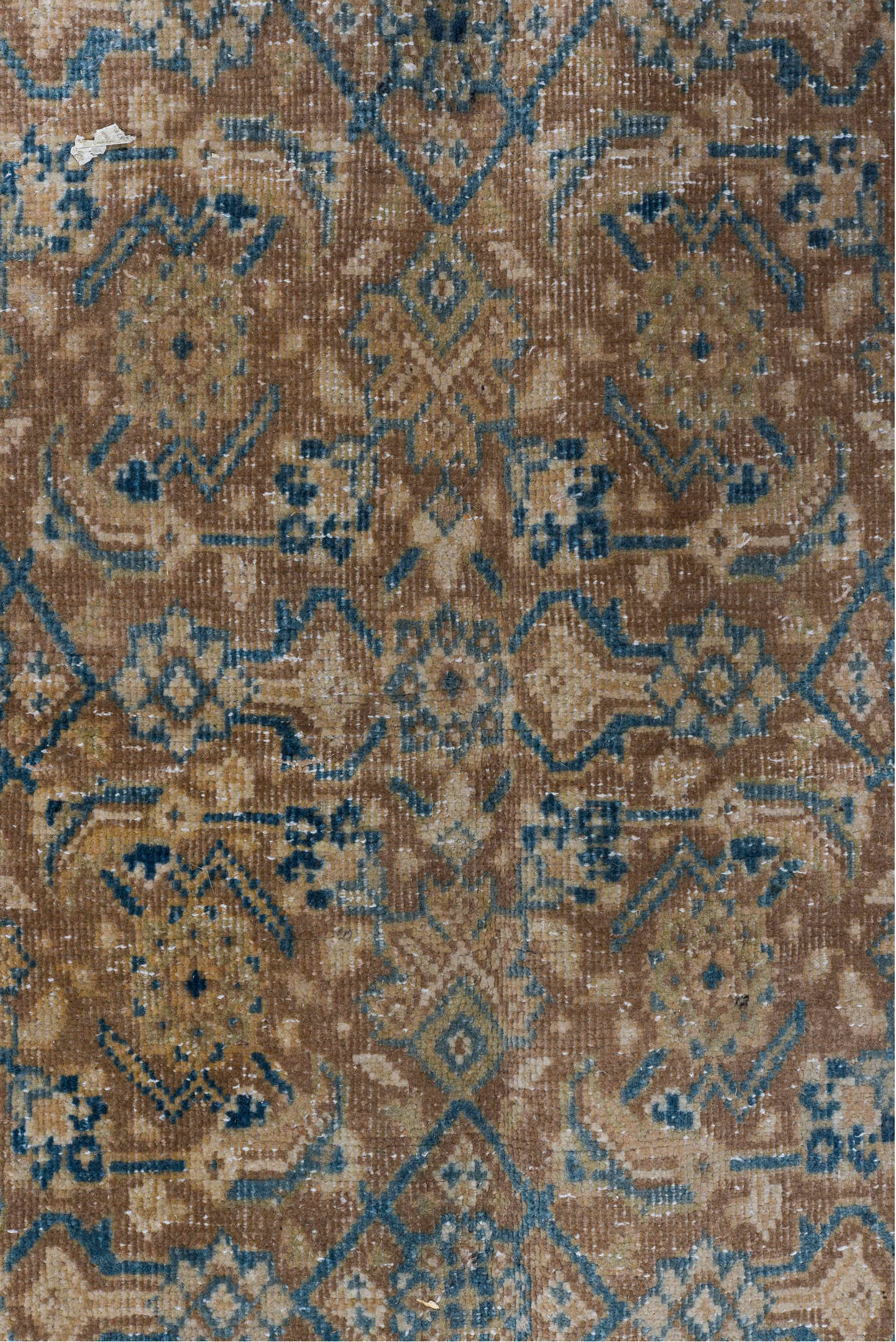13' x 9' one-of-a-kind handmade vintage Mahal rug. Color palette: blue, brown, fiord, gray, light gray, off-white, pink
